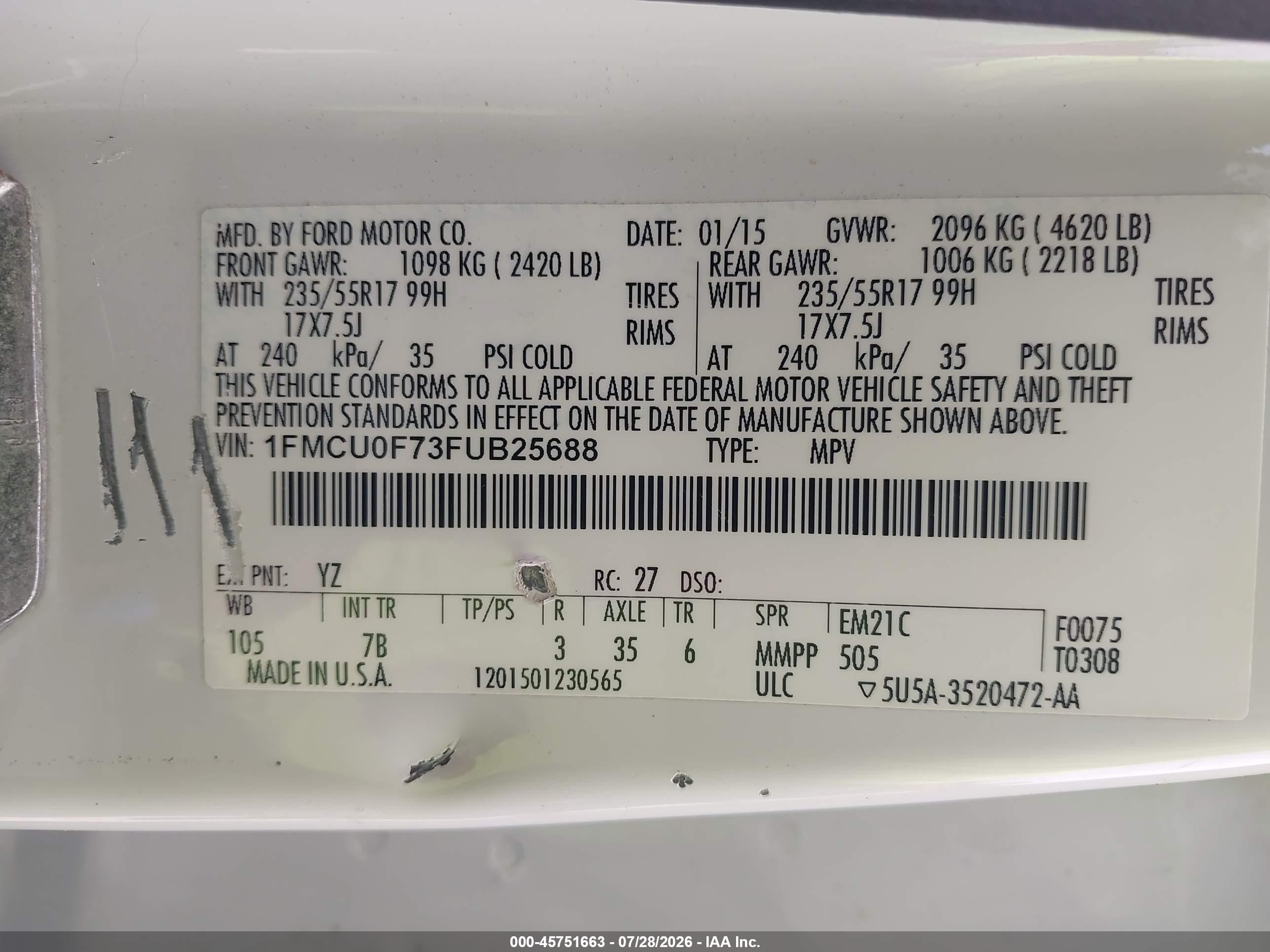 2015 Ford Escape S White vin: 1FMCU0F73FUB25688