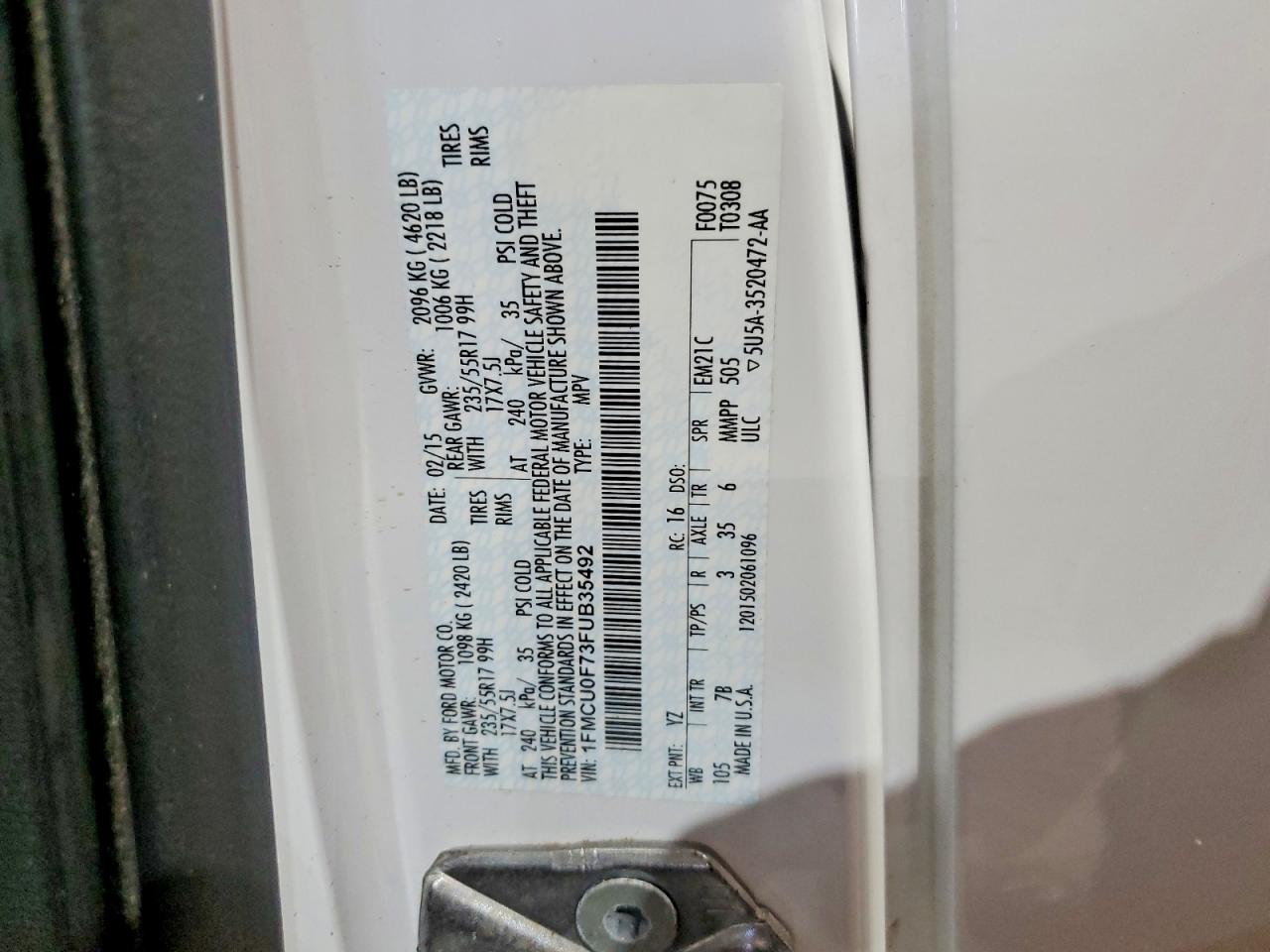 2015 Ford Escape S White vin: 1FMCU0F73FUB35492