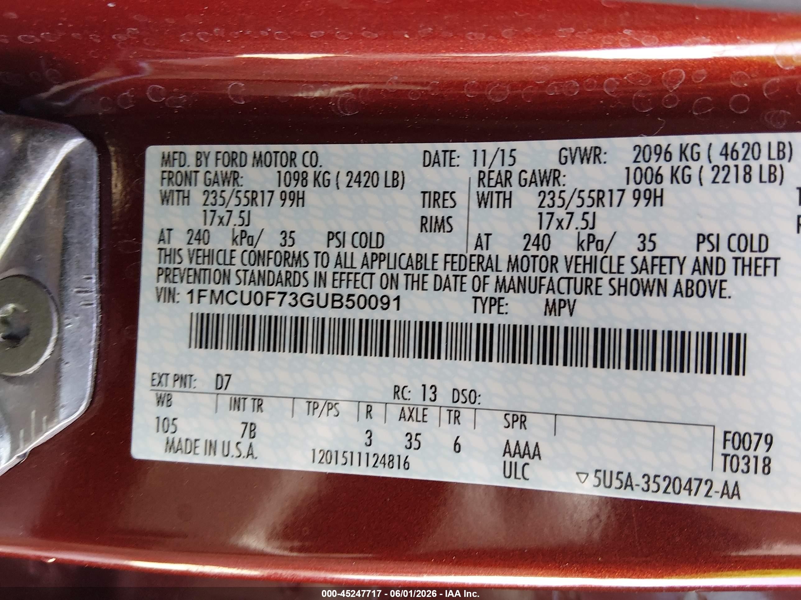 2016 Ford Escape S Burgundy vin: 1FMCU0F73GUB50091
