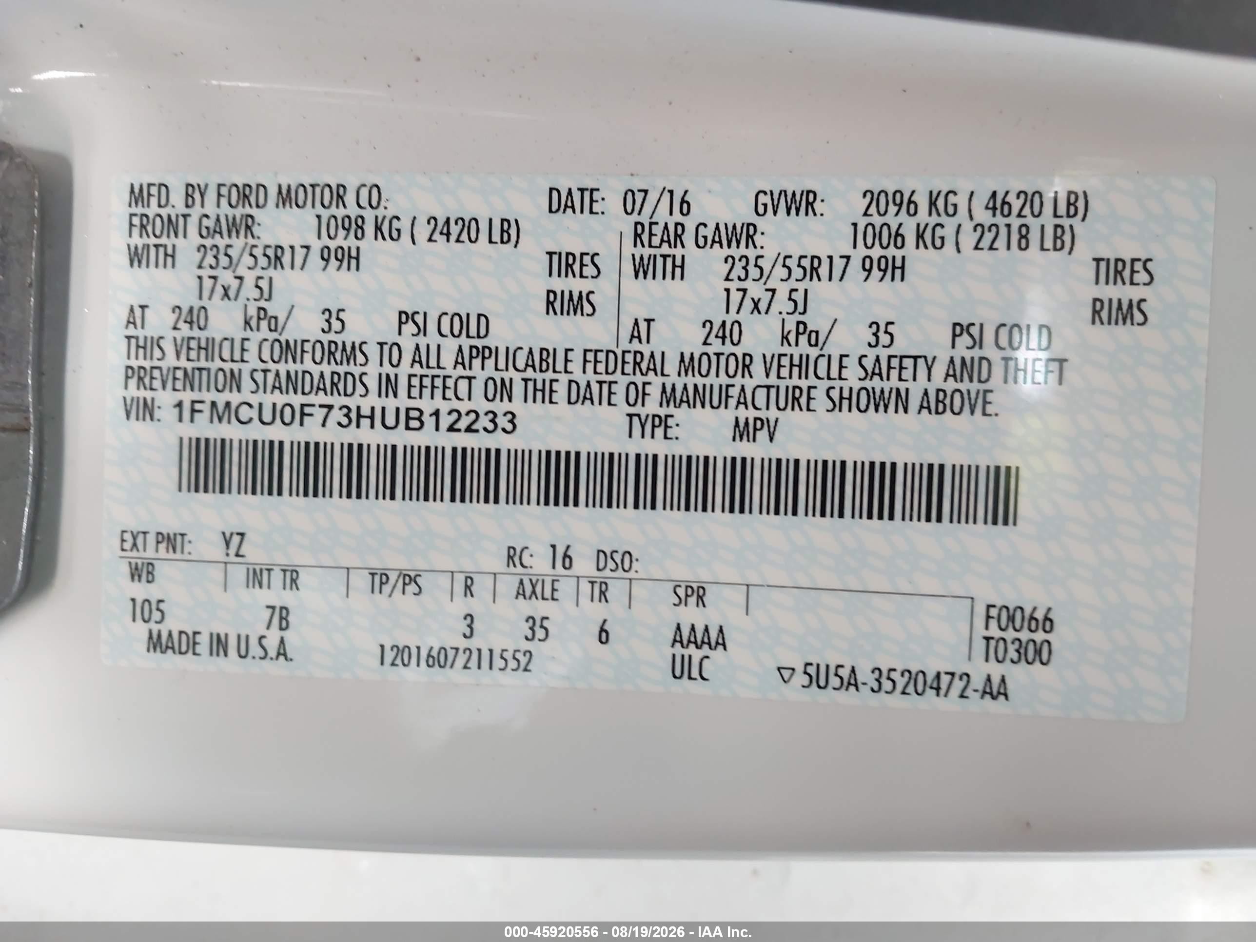 2017 Ford Escape S Белый vin: 1FMCU0F73HUB12233