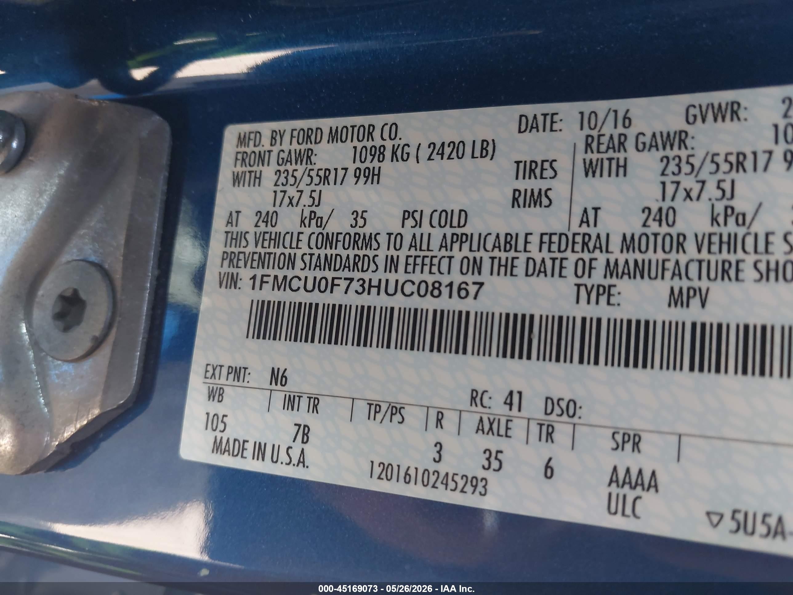 2017 Ford Escape S Blue vin: 1FMCU0F73HUC08167