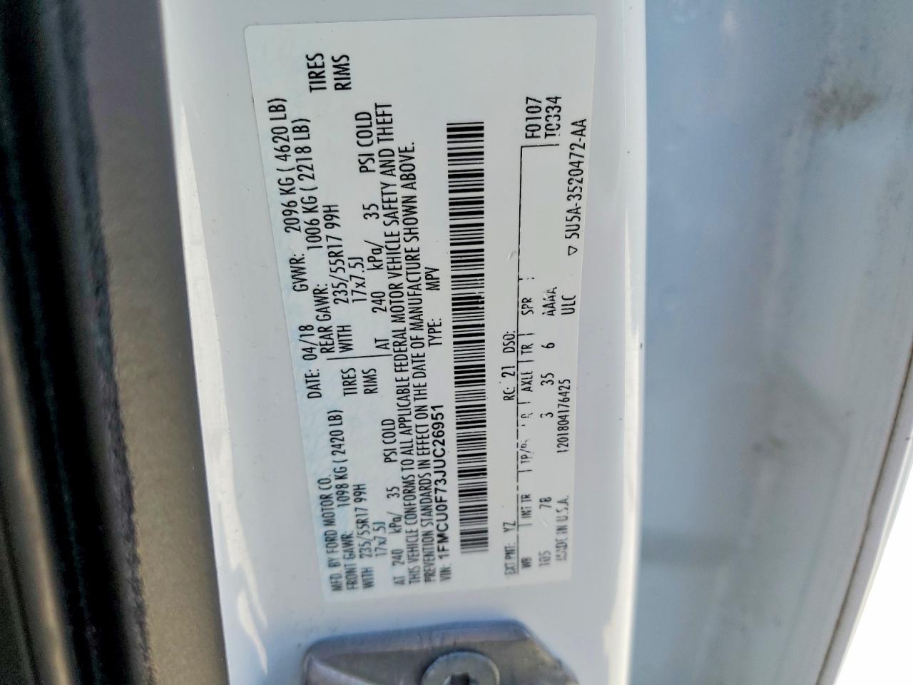 2018 Ford Escape S White vin: 1FMCU0F73JUC26951
