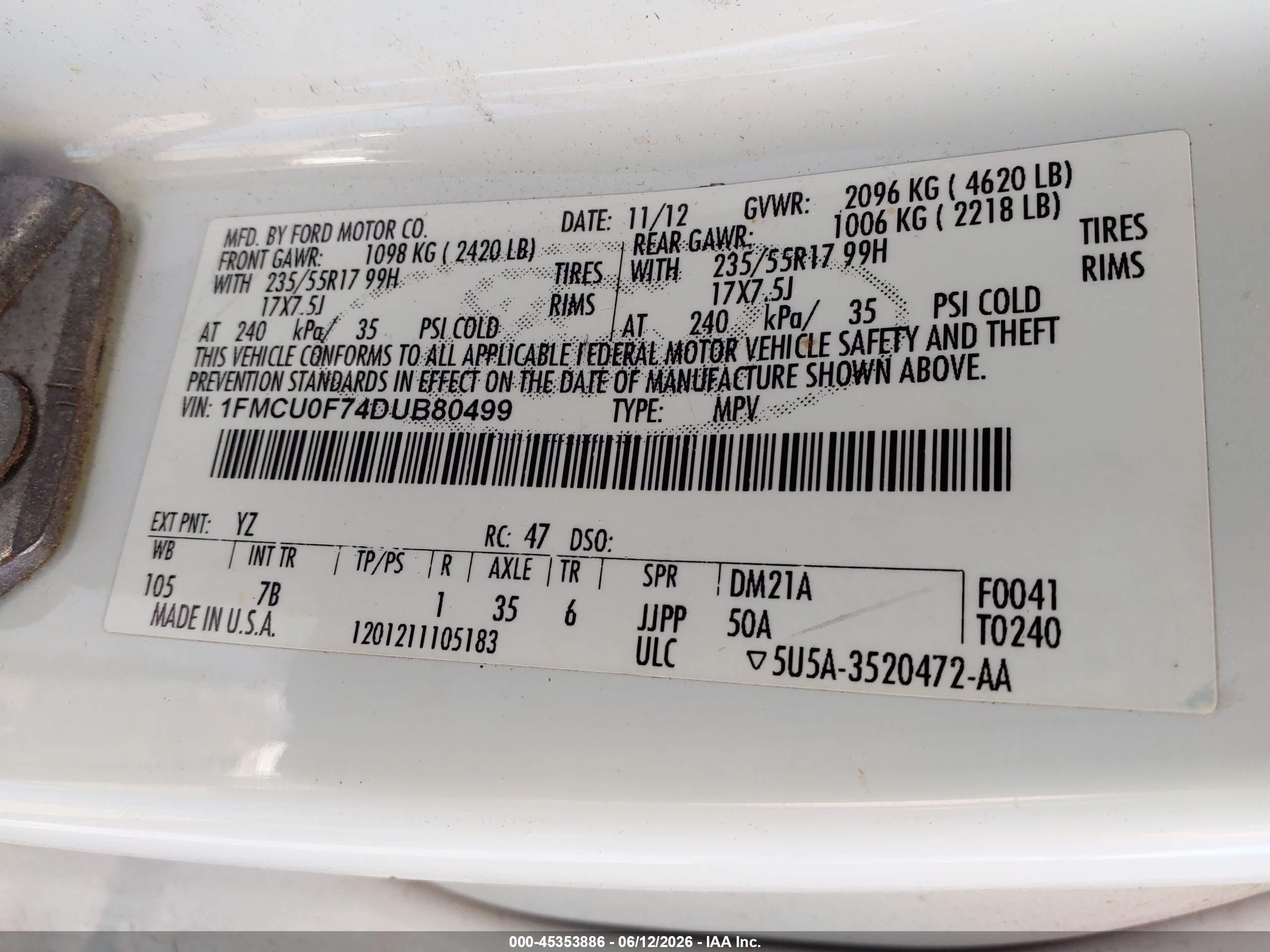 2013 Ford Escape S White vin: 1FMCU0F74DUB80499