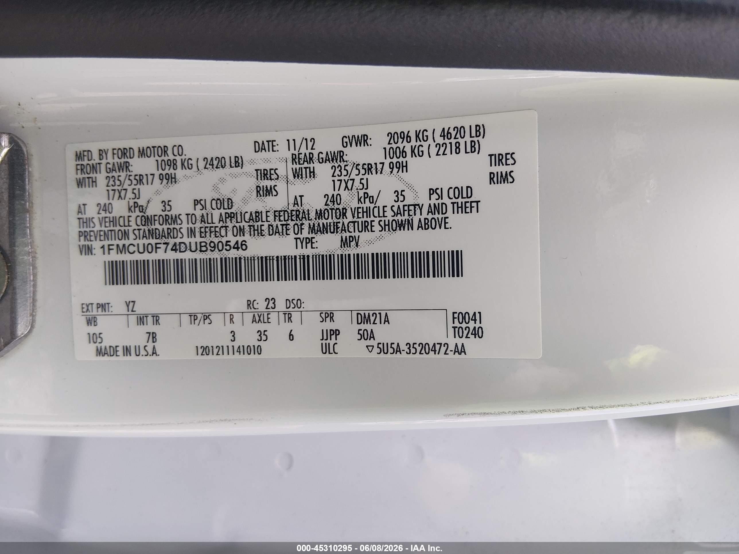 2013 Ford Escape S White vin: 1FMCU0F74DUB90546
