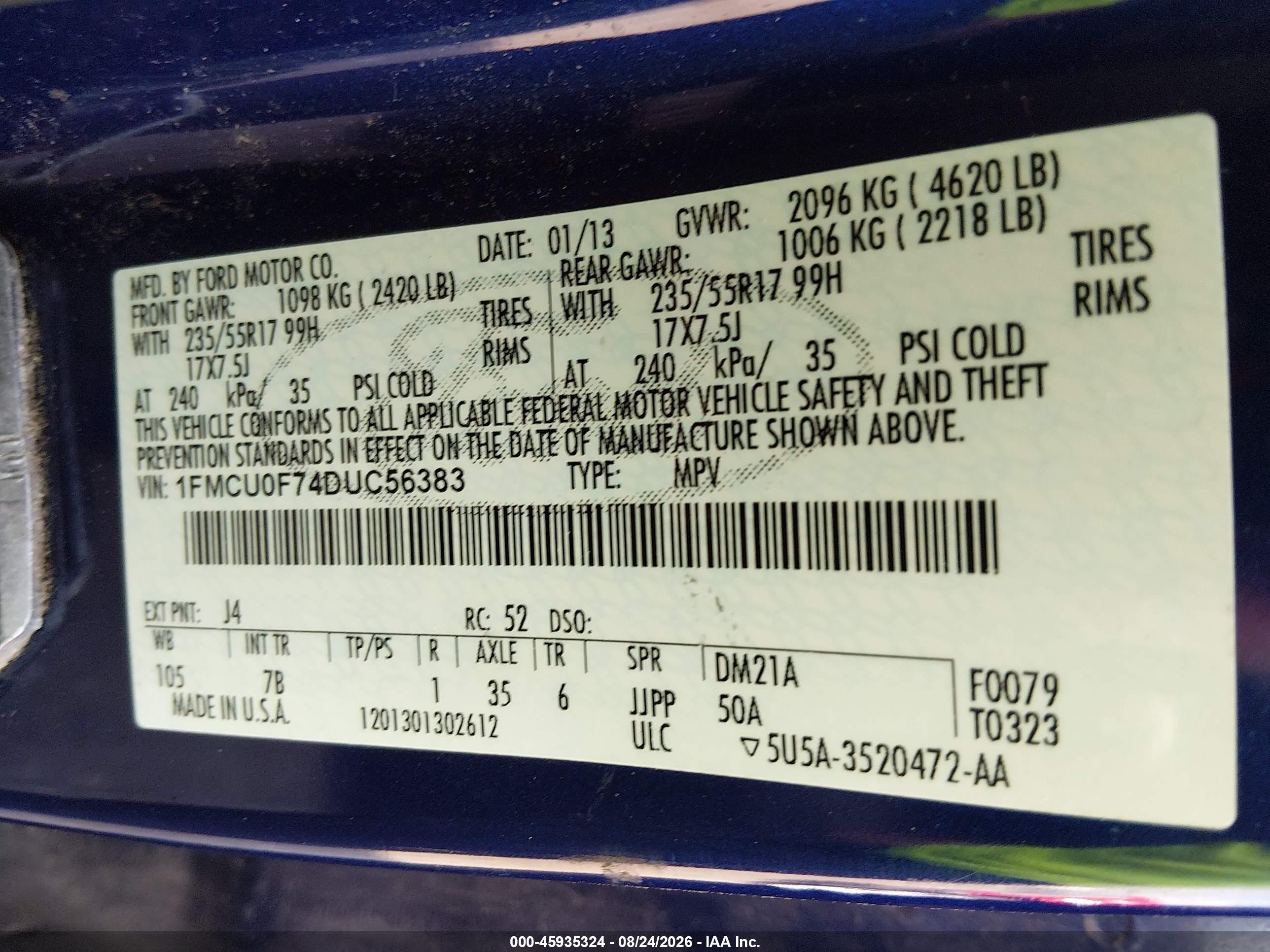 2013 Ford Escape S Blue vin: 1FMCU0F74DUC56383