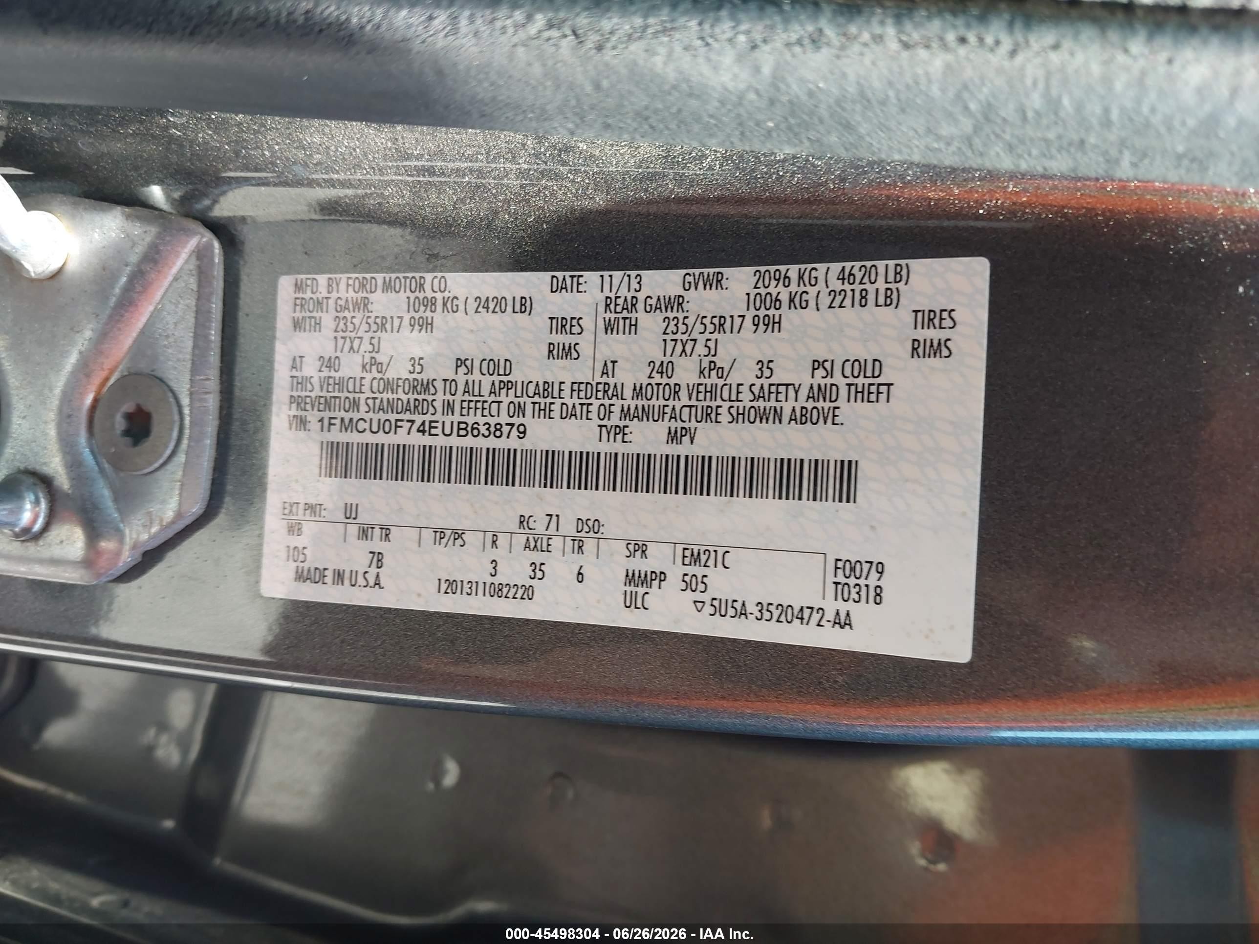 2014 Ford Escape S Серый vin: 1FMCU0F74EUB63879