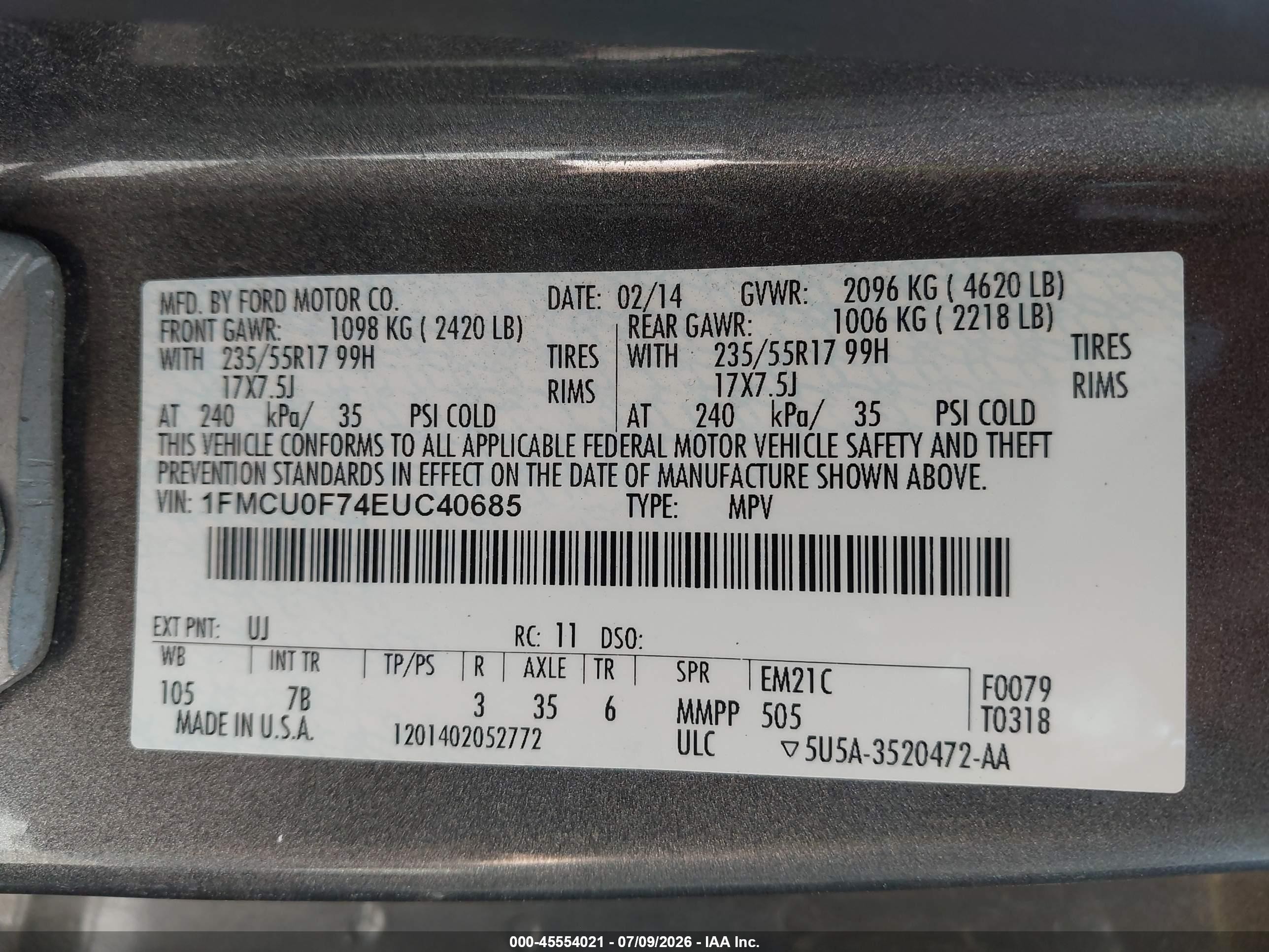2014 Ford Escape S Gray vin: 1FMCU0F74EUC40685