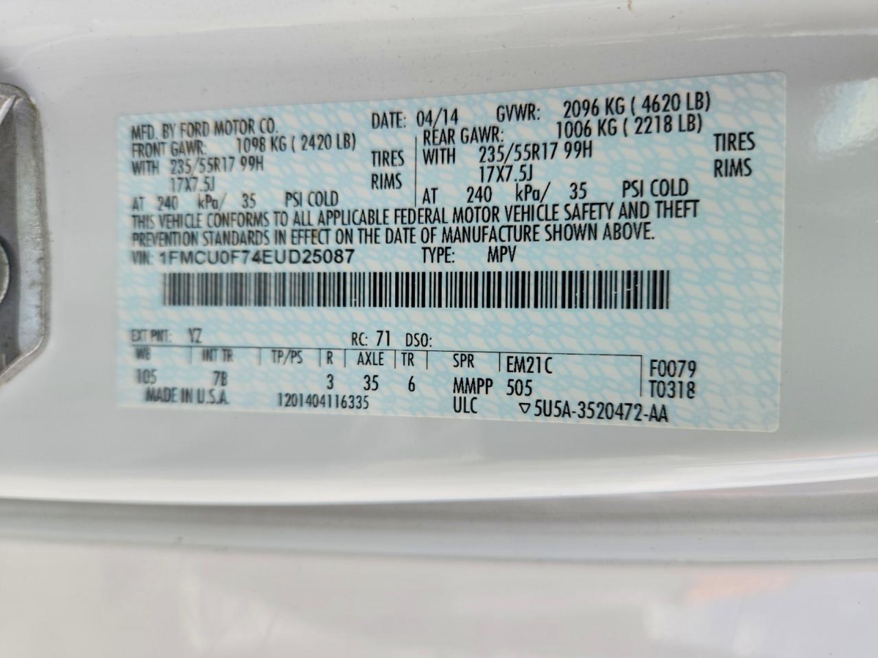 2014 Ford Escape S White vin: 1FMCU0F74EUD25087