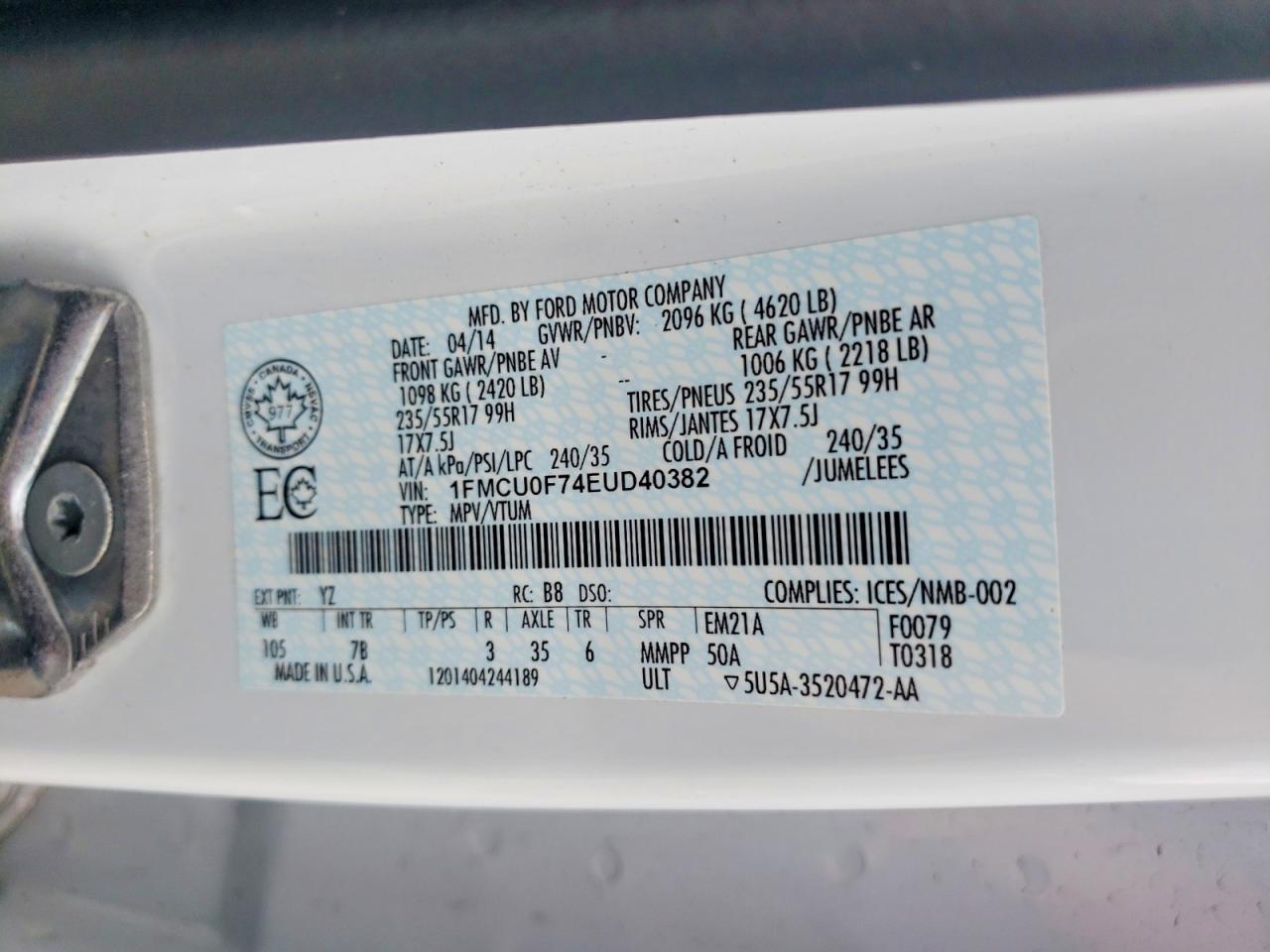 2014 Ford Escape S White vin: 1FMCU0F74EUD40382