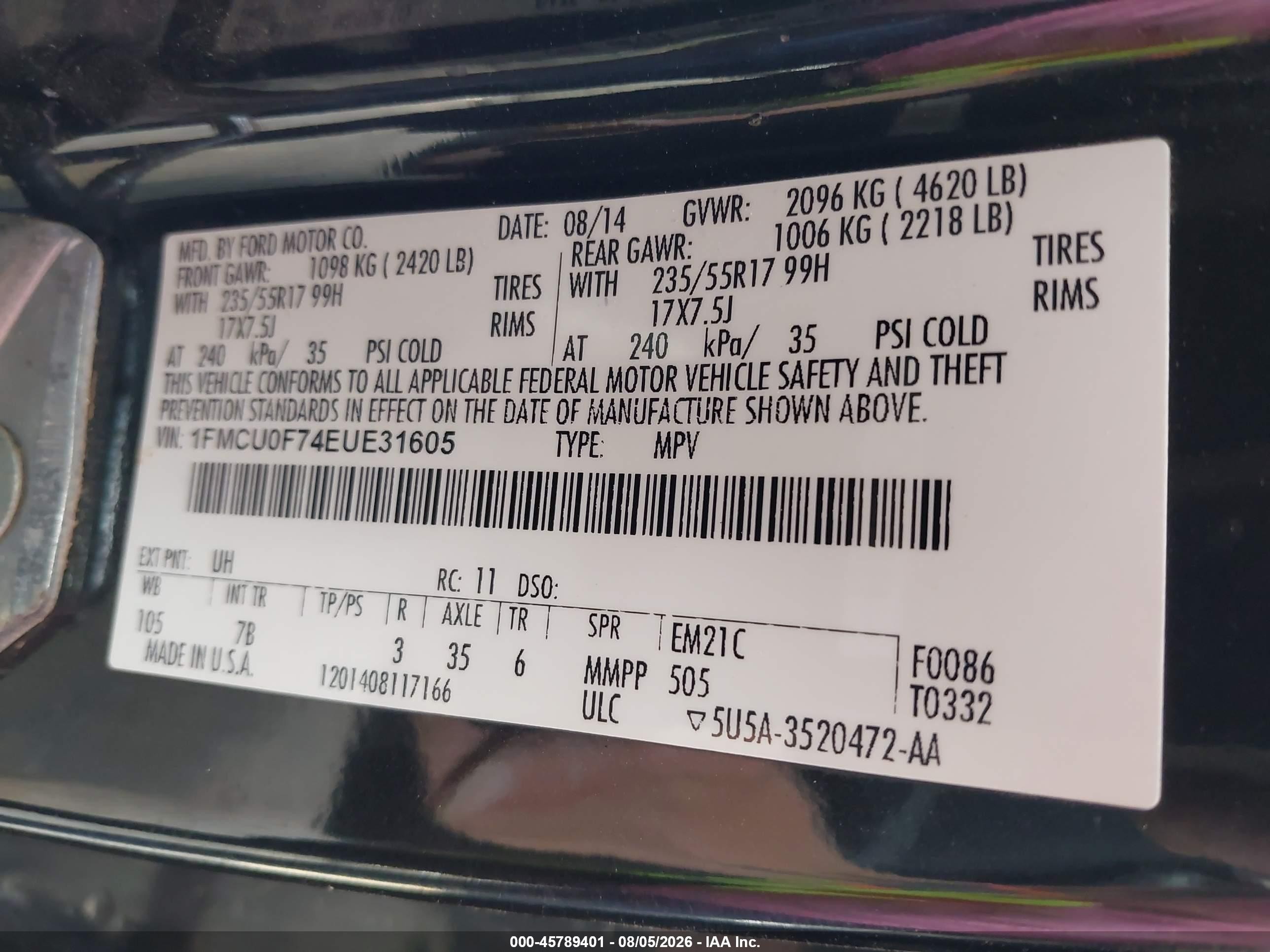 2014 Ford Escape S Черный vin: 1FMCU0F74EUE31605
