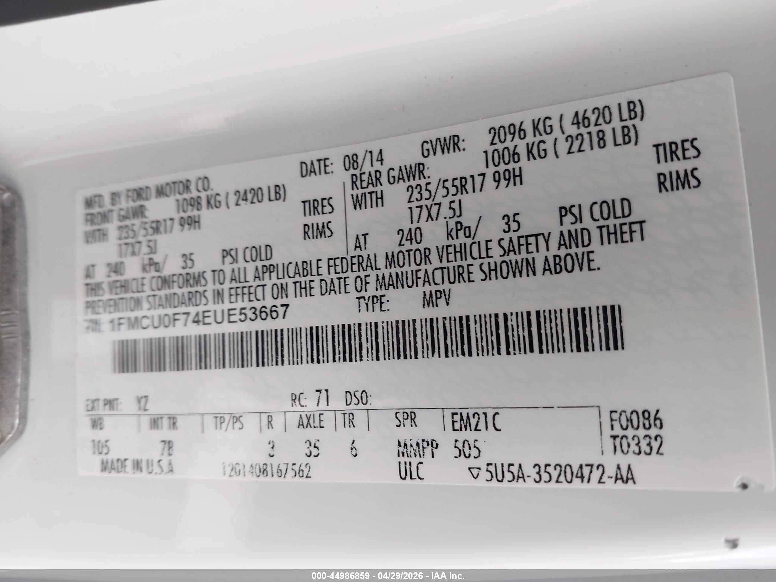 2014 Ford Escape S White vin: 1FMCU0F74EUE53667