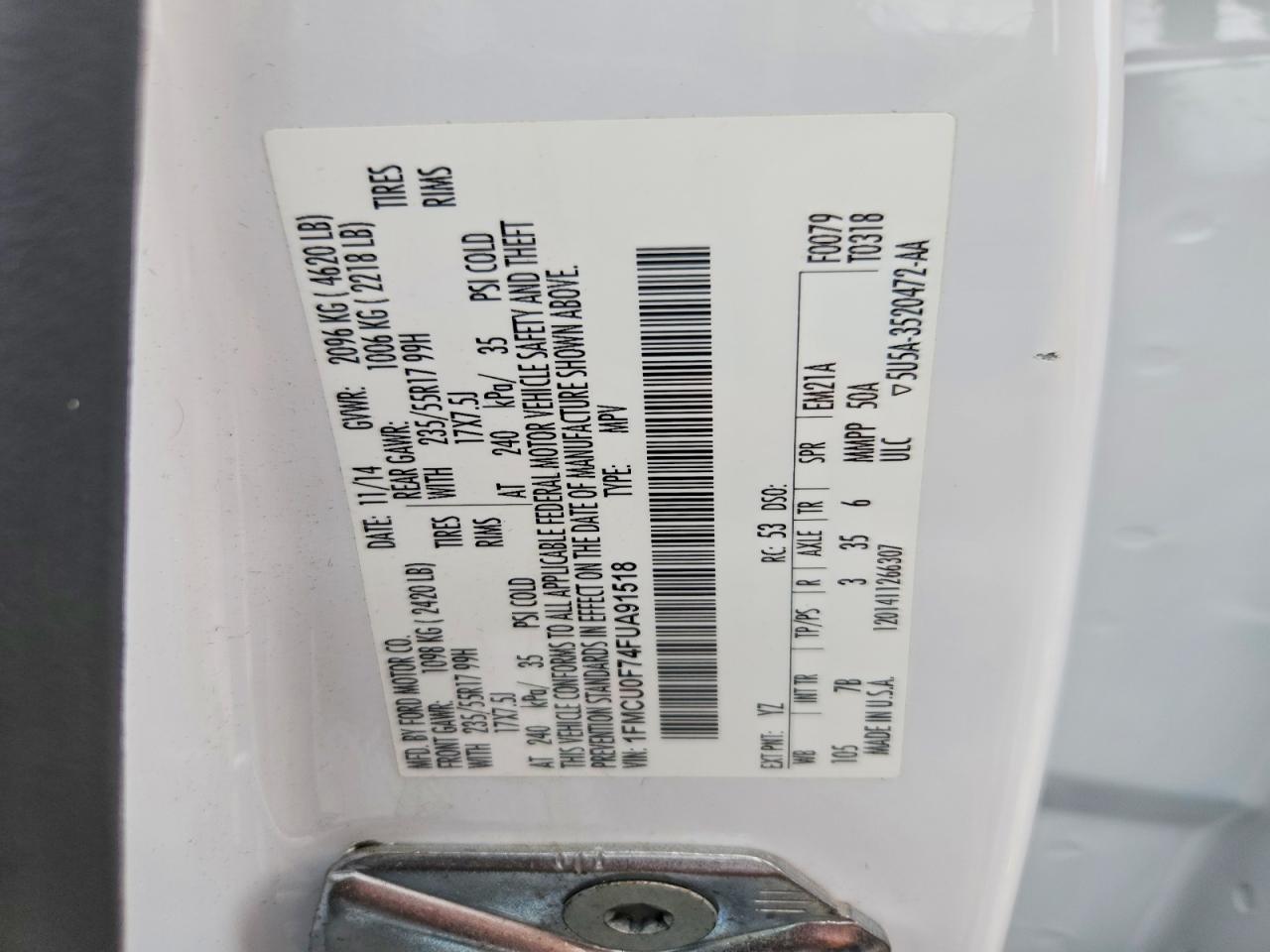 2015 Ford Escape White vin: 1FMCU0F74FUA91518