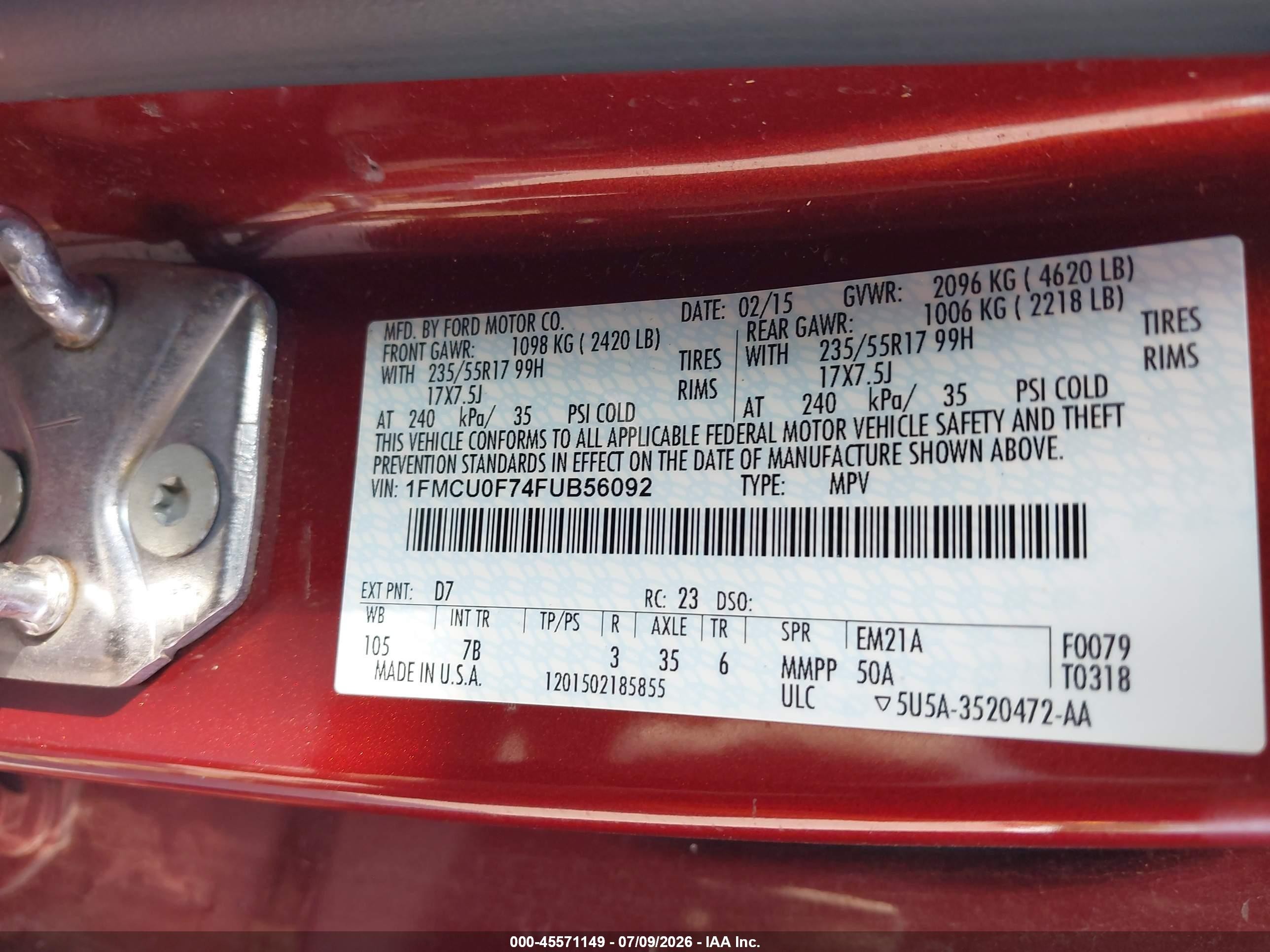 2015 Ford Escape S Бордовый vin: 1FMCU0F74FUB56092