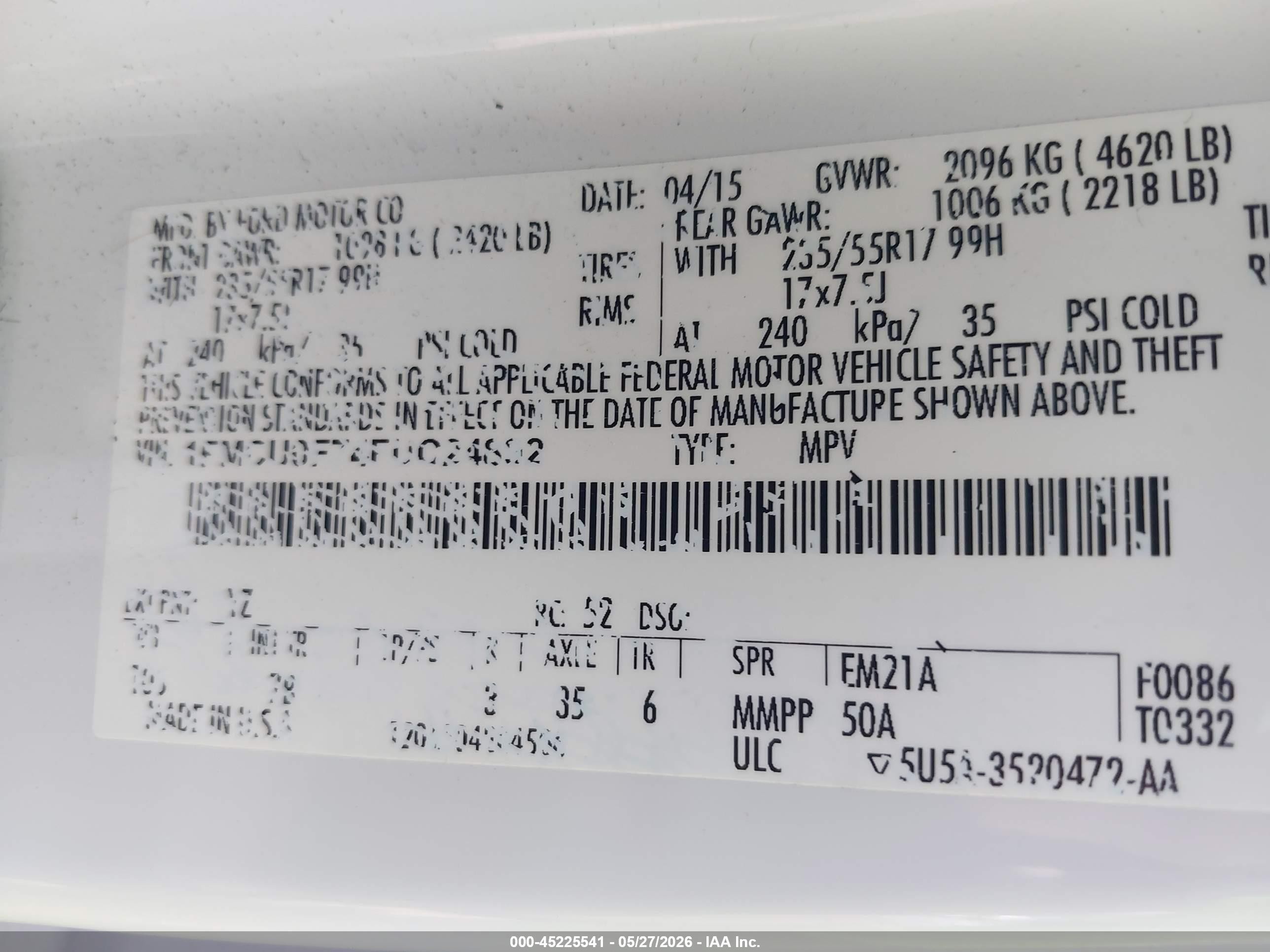 2015 Ford Escape S Белый vin: 1FMCU0F74FUC24892