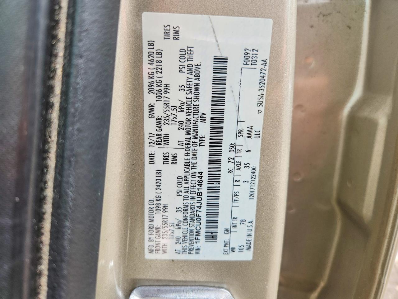 2018 Ford Escape S Gold vin: 1FMCU0F74JUB14644