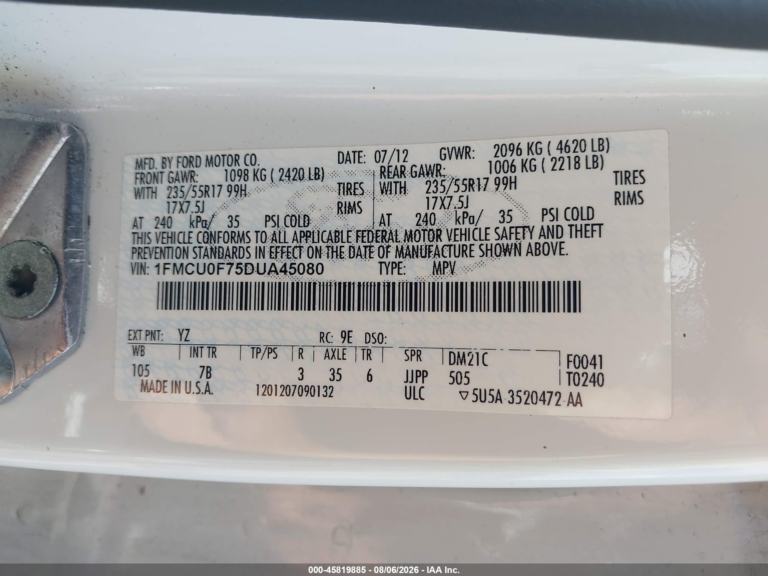 2013 Ford Escape S White vin: 1FMCU0F75DUA45080