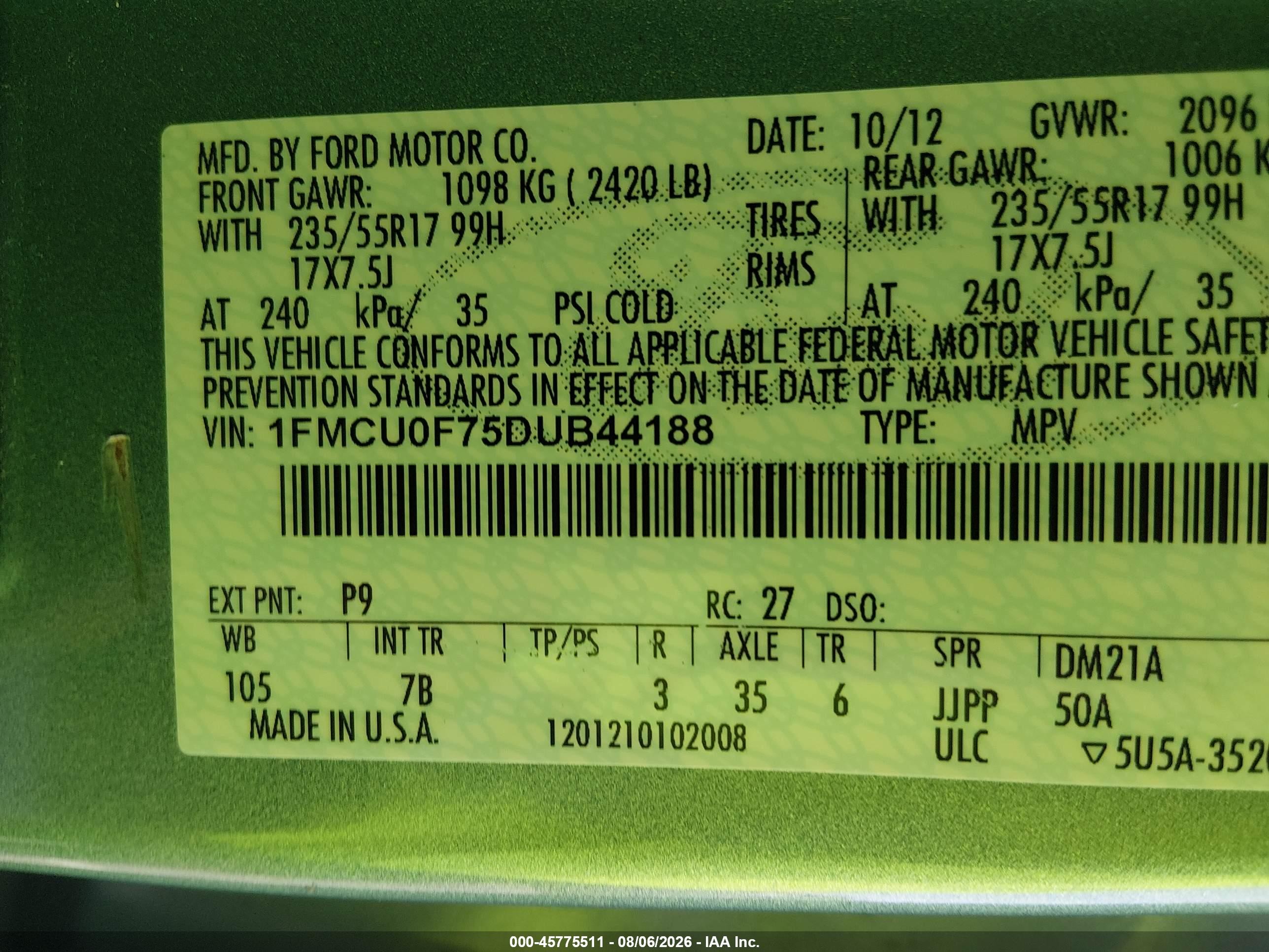 2013 Ford Escape S Blue vin: 1FMCU0F75DUB44188
