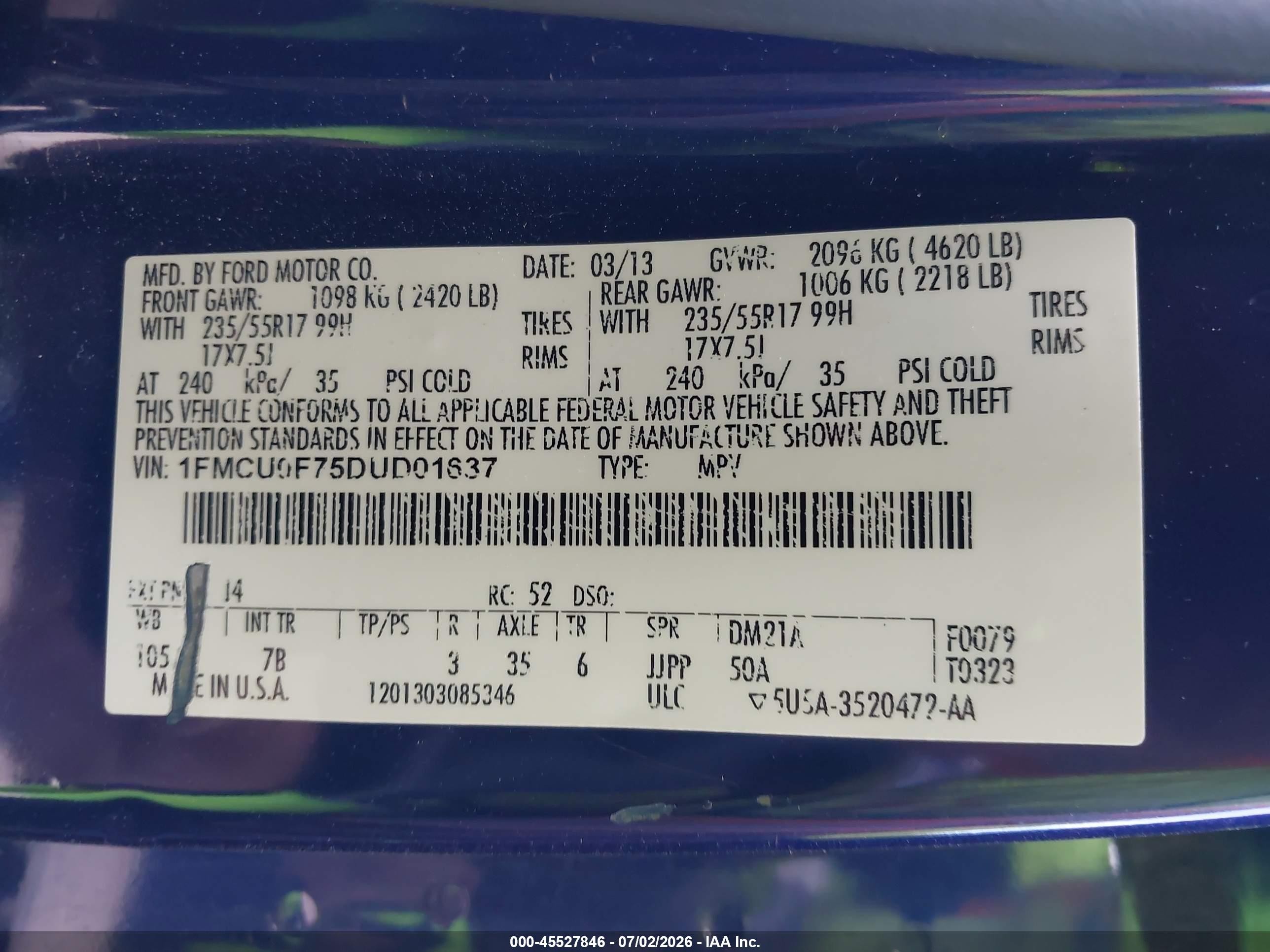 2013 Ford Escape S Blue vin: 1FMCU0F75DUD01637