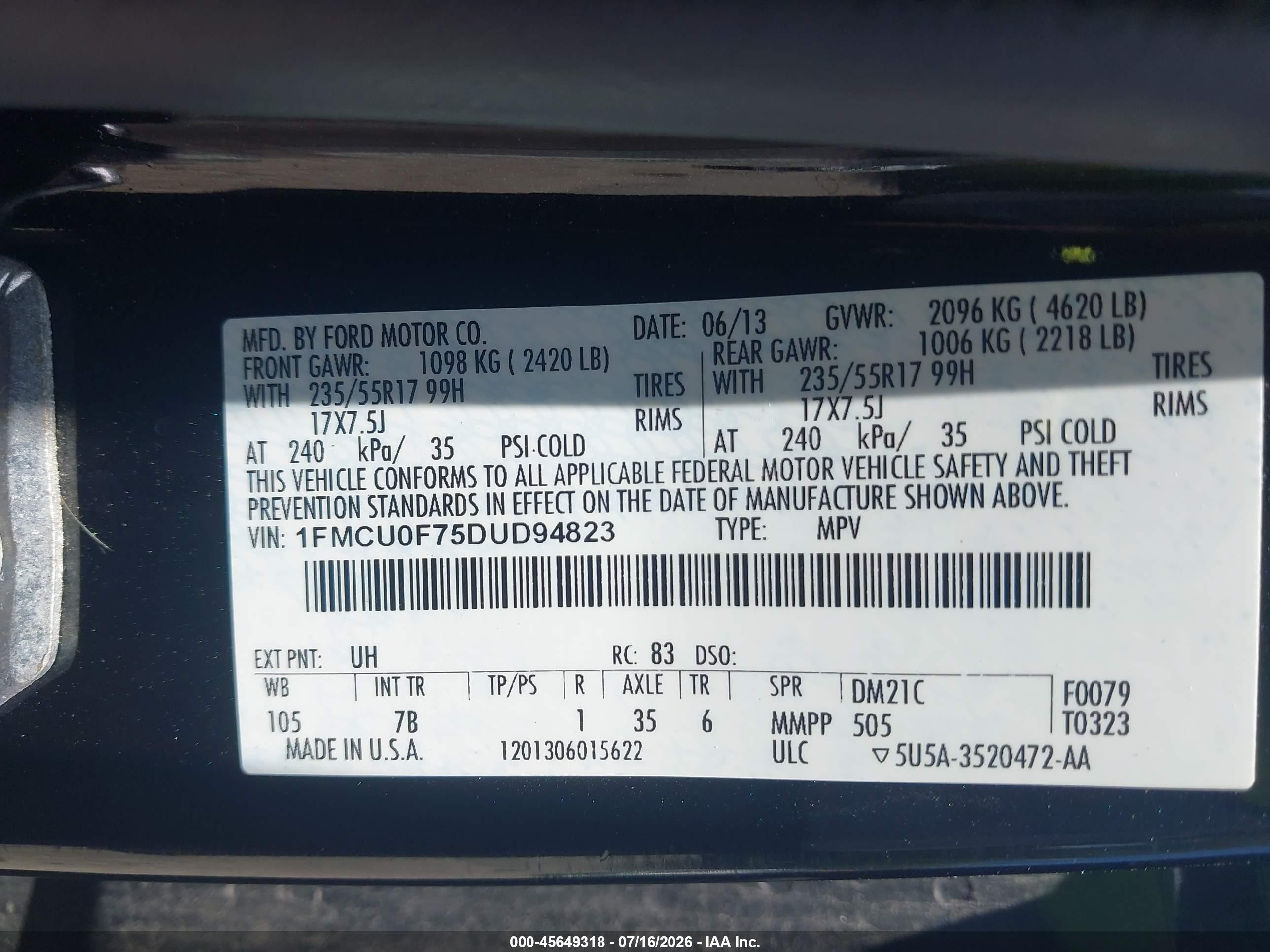 2013 Ford Escape S Black vin: 1FMCU0F75DUD94823