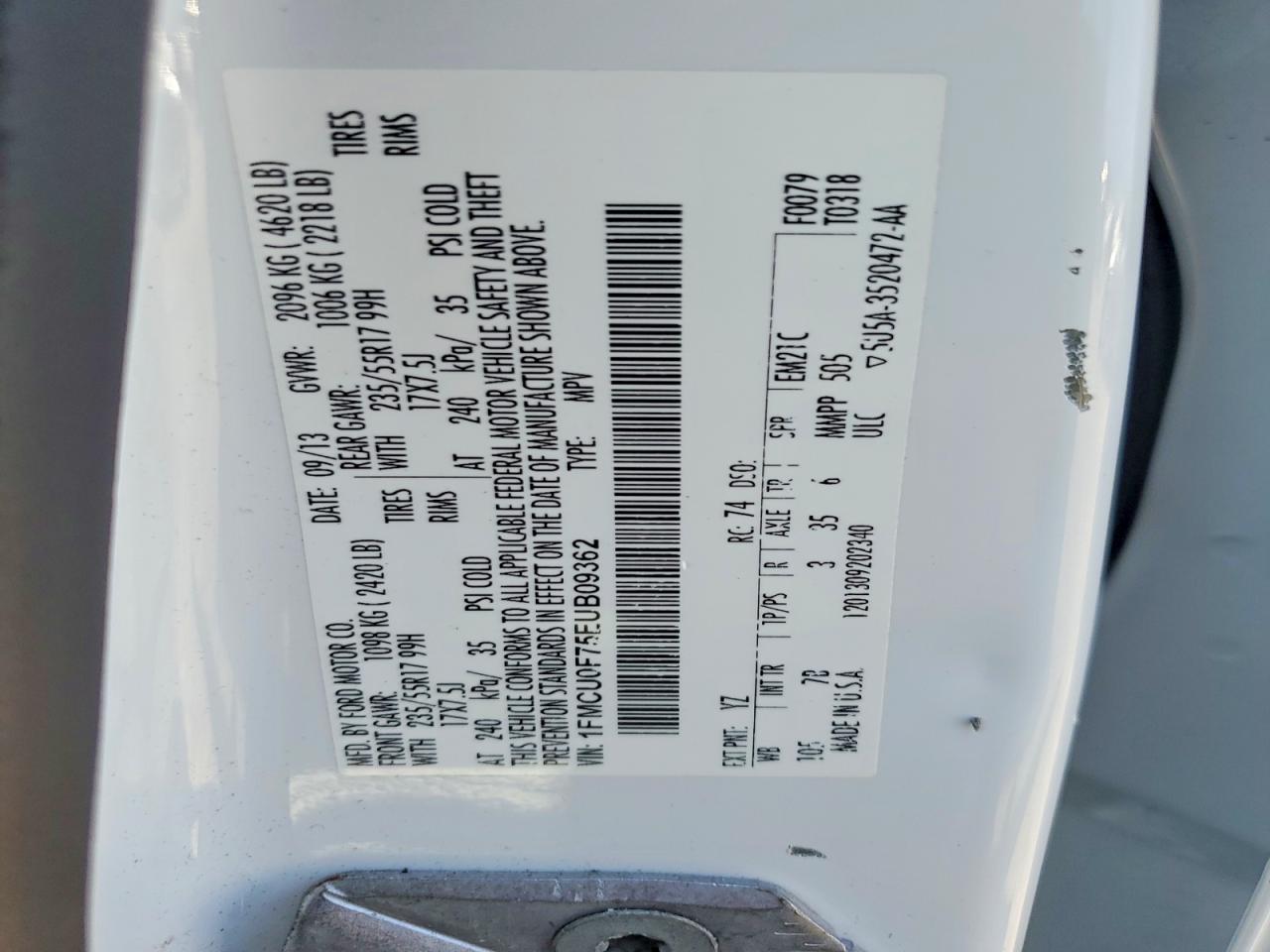 2014 Ford Escape S Белый vin: 1FMCU0F75EUB09362