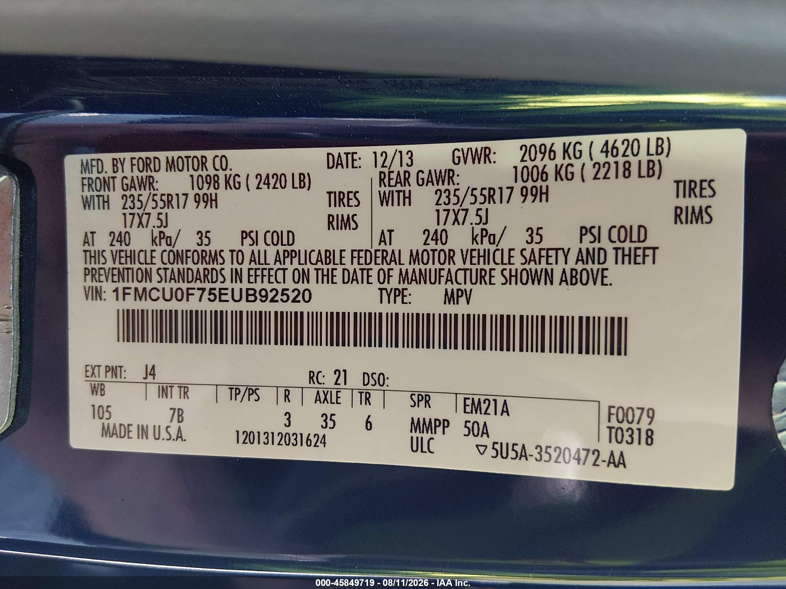 2014 Ford Escape S Синий vin: 1FMCU0F75EUB92520