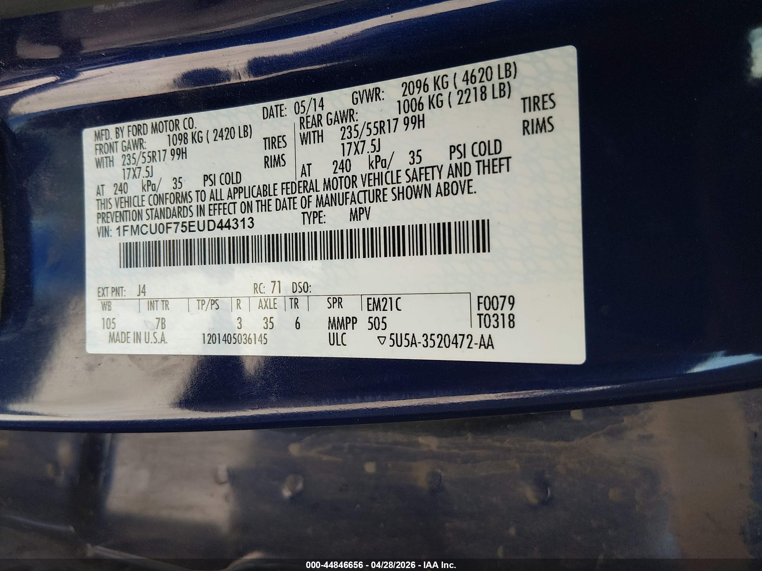 2014 Ford Escape S Blue vin: 1FMCU0F75EUD44313