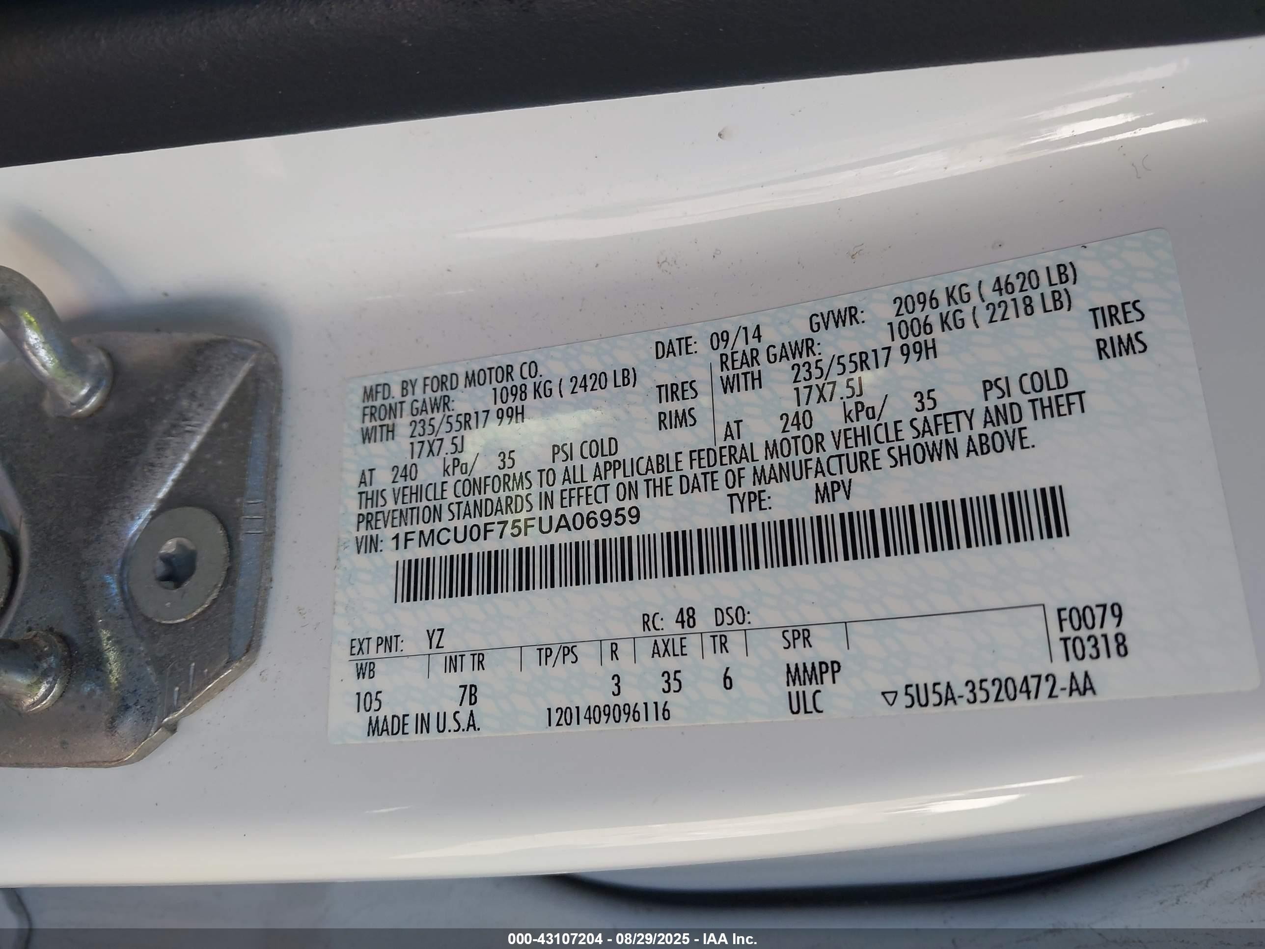 2015 Ford Escape S White vin: 1FMCU0F75FUA06959