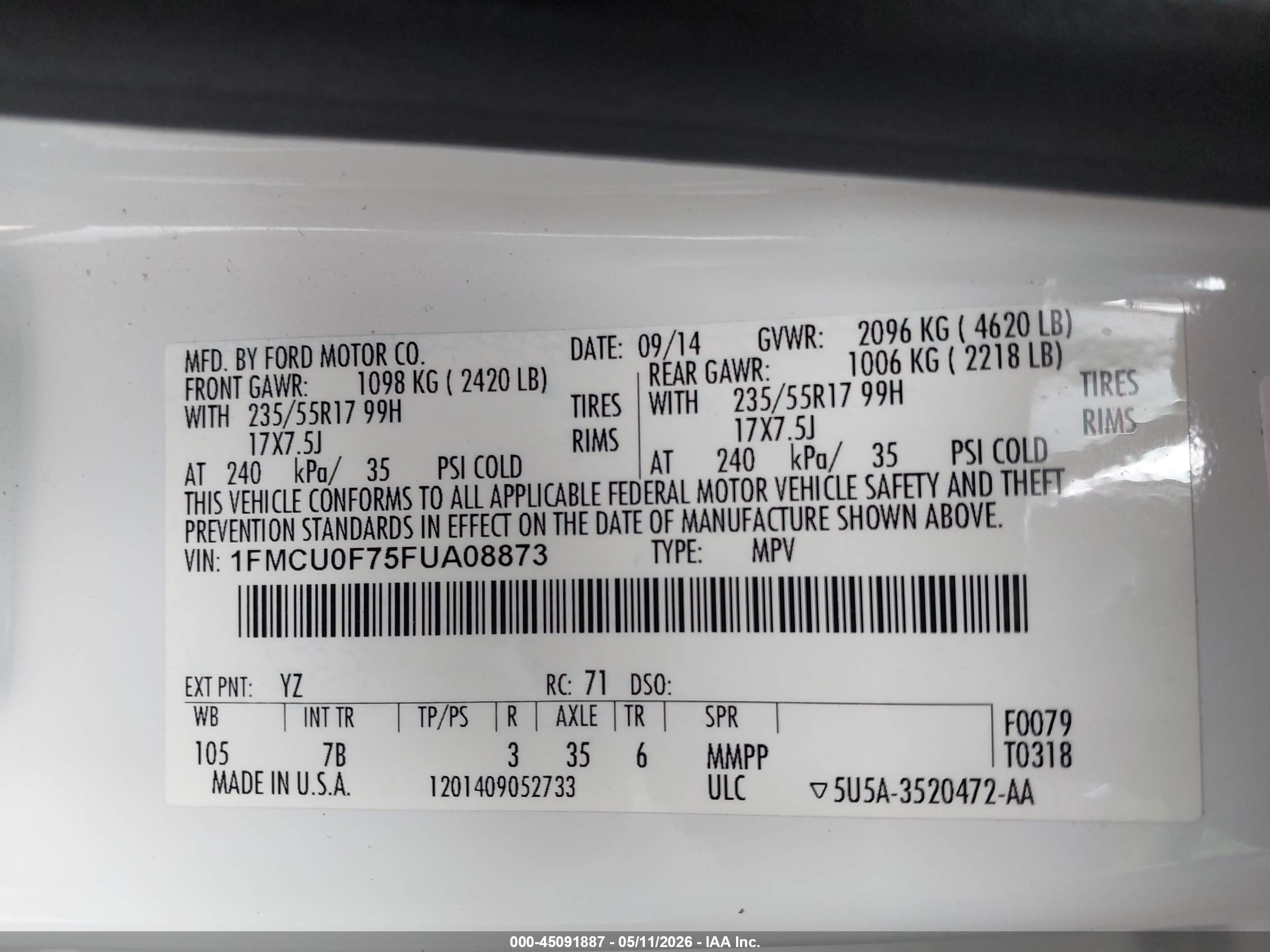2015 Ford Escape S White vin: 1FMCU0F75FUA08873