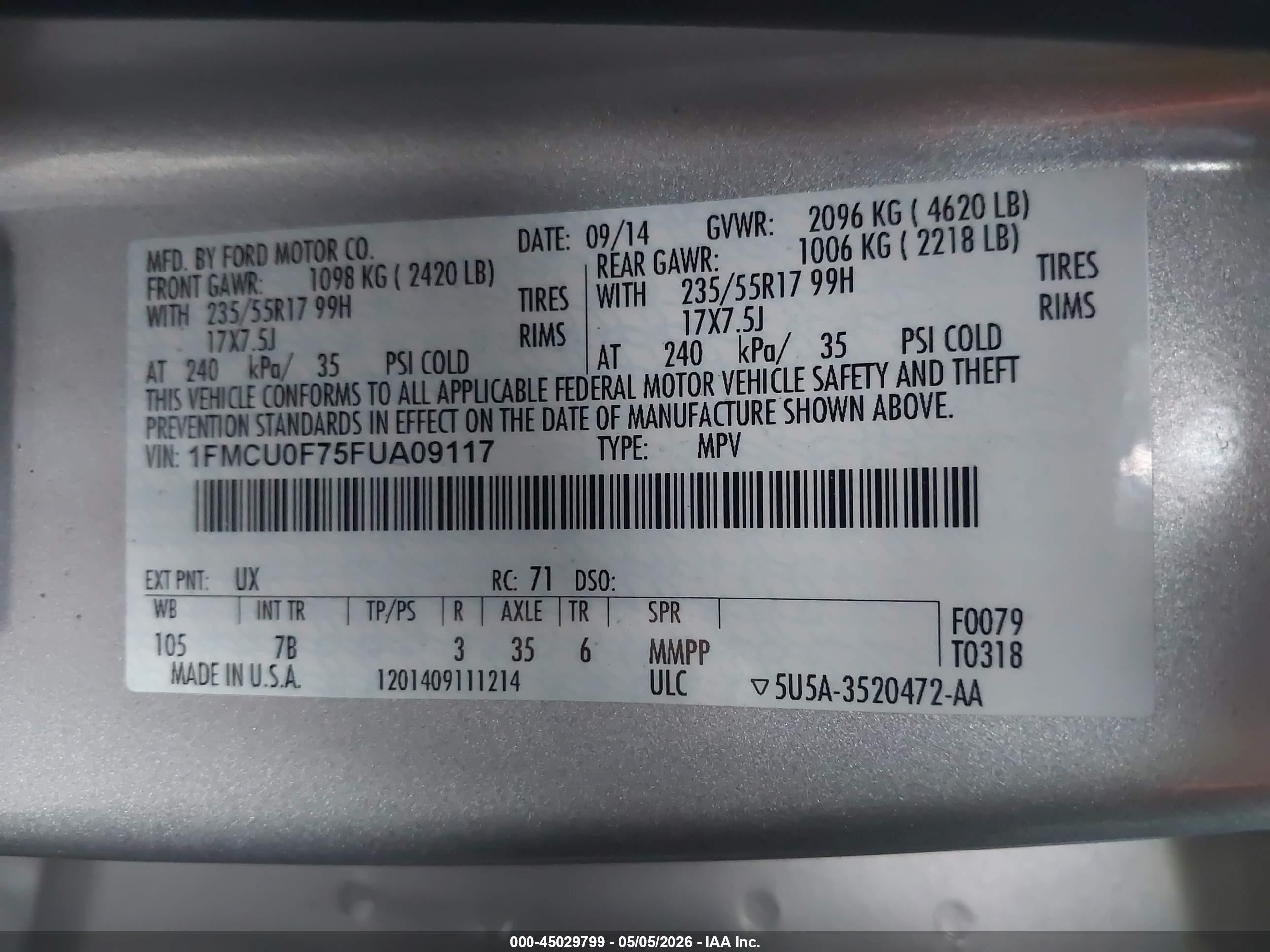 2015 Ford Escape S Silver vin: 1FMCU0F75FUA09117