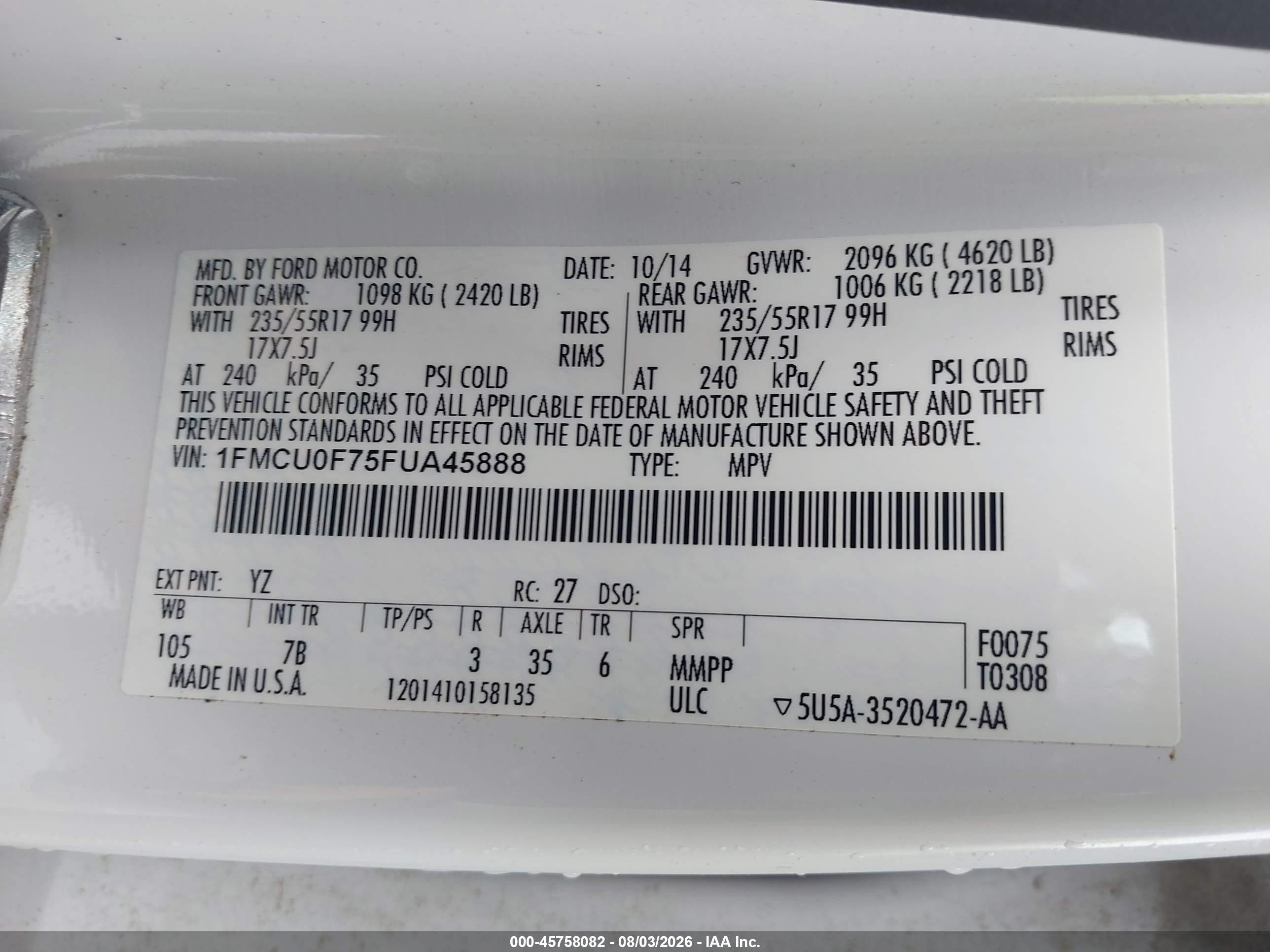2015 Ford Escape S White vin: 1FMCU0F75FUA45888