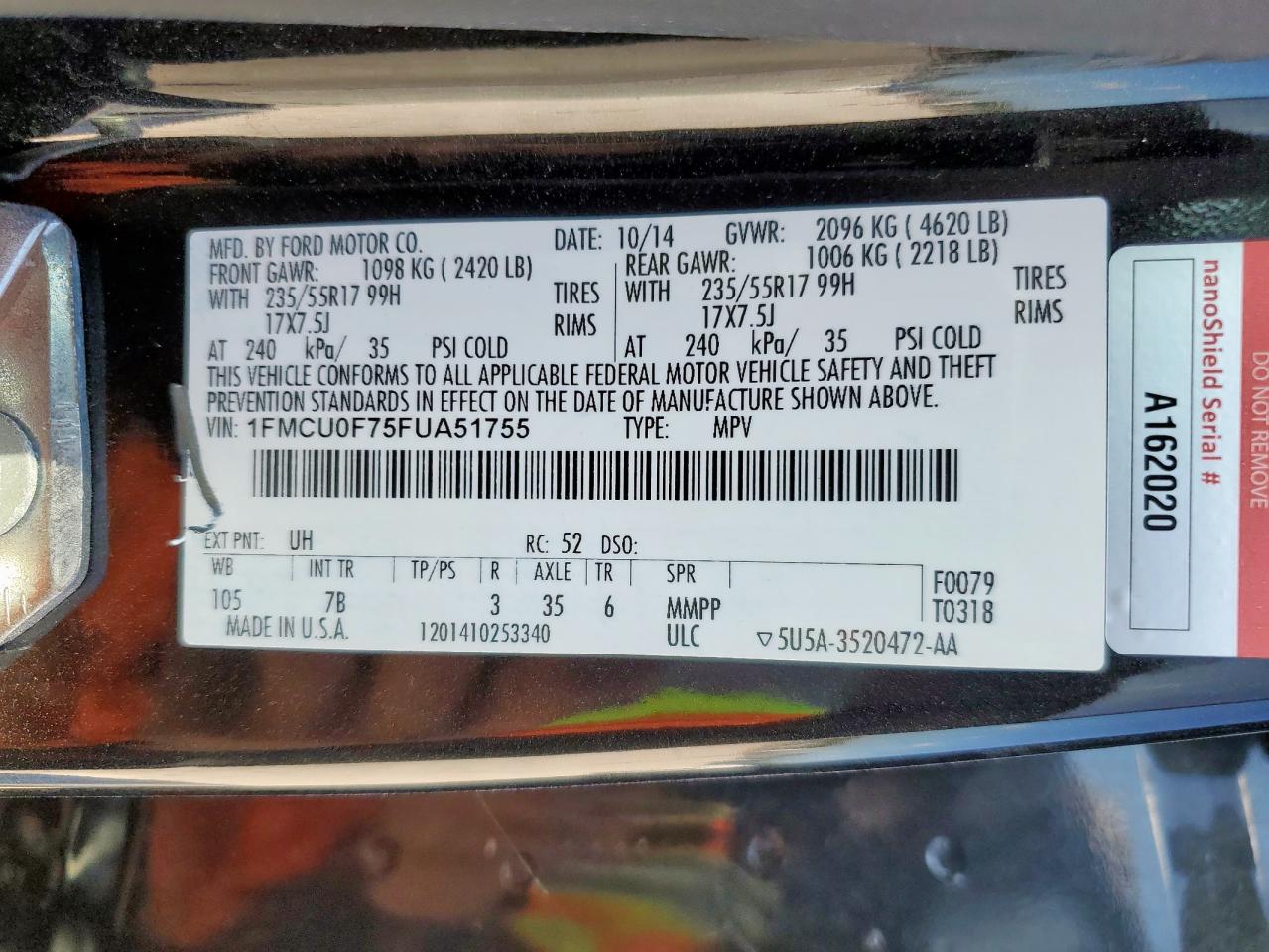 2015 Ford Escape Black vin: 1FMCU0F75FUA51755