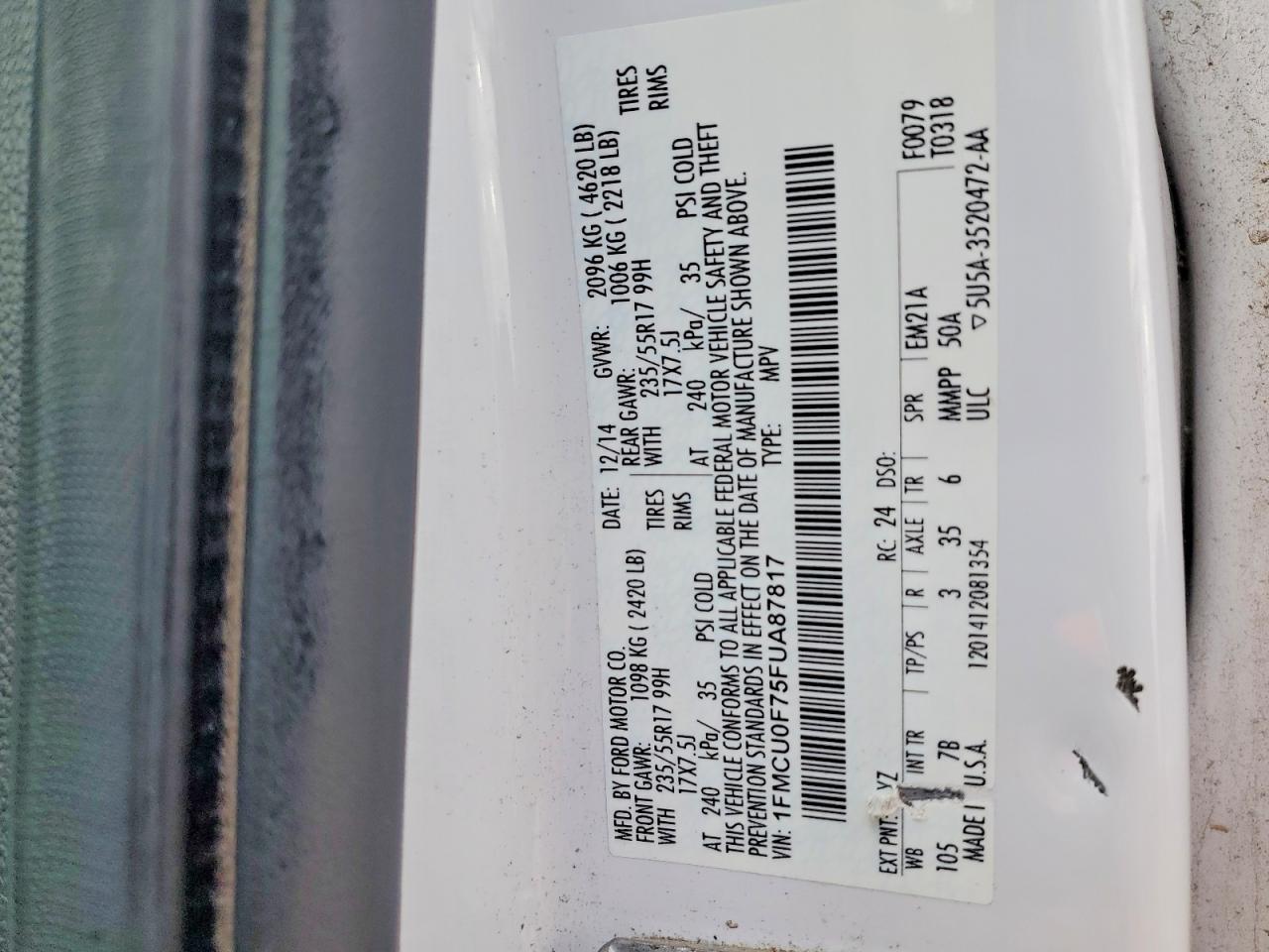 2015 Ford Escape S White vin: 1FMCU0F75FUA87817