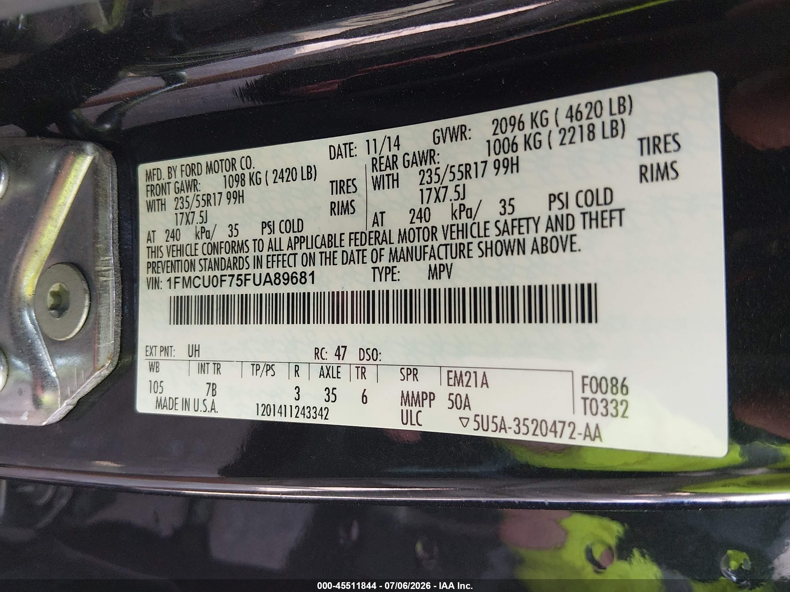 2015 Ford Escape S Черный vin: 1FMCU0F75FUA89681