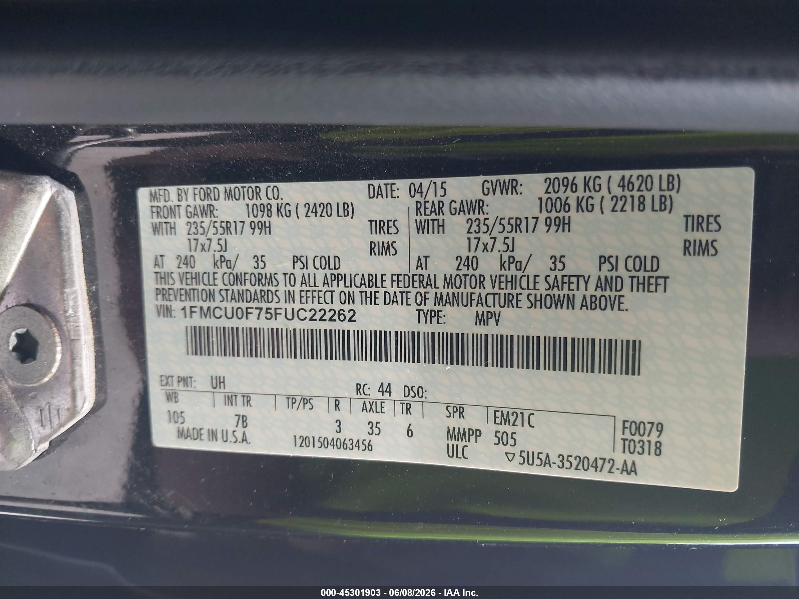 2015 Ford Escape S Черный vin: 1FMCU0F75FUC22262