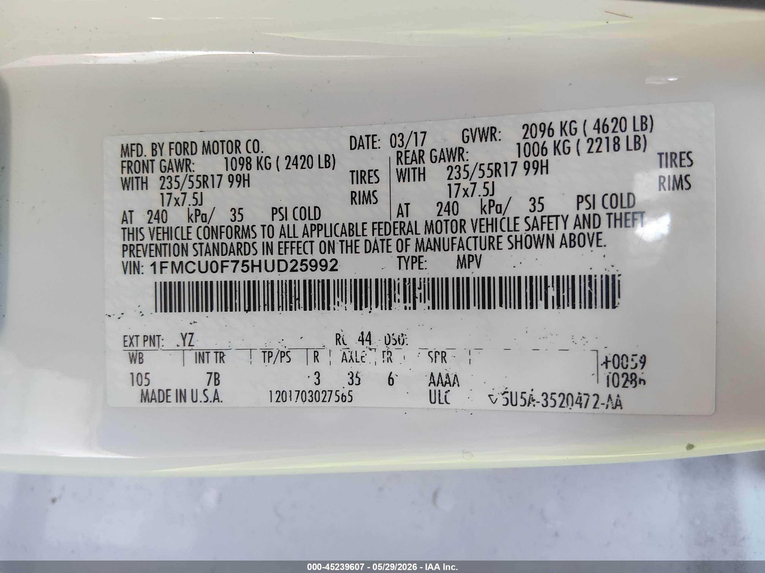 2017 Ford Escape S White vin: 1FMCU0F75HUD25992