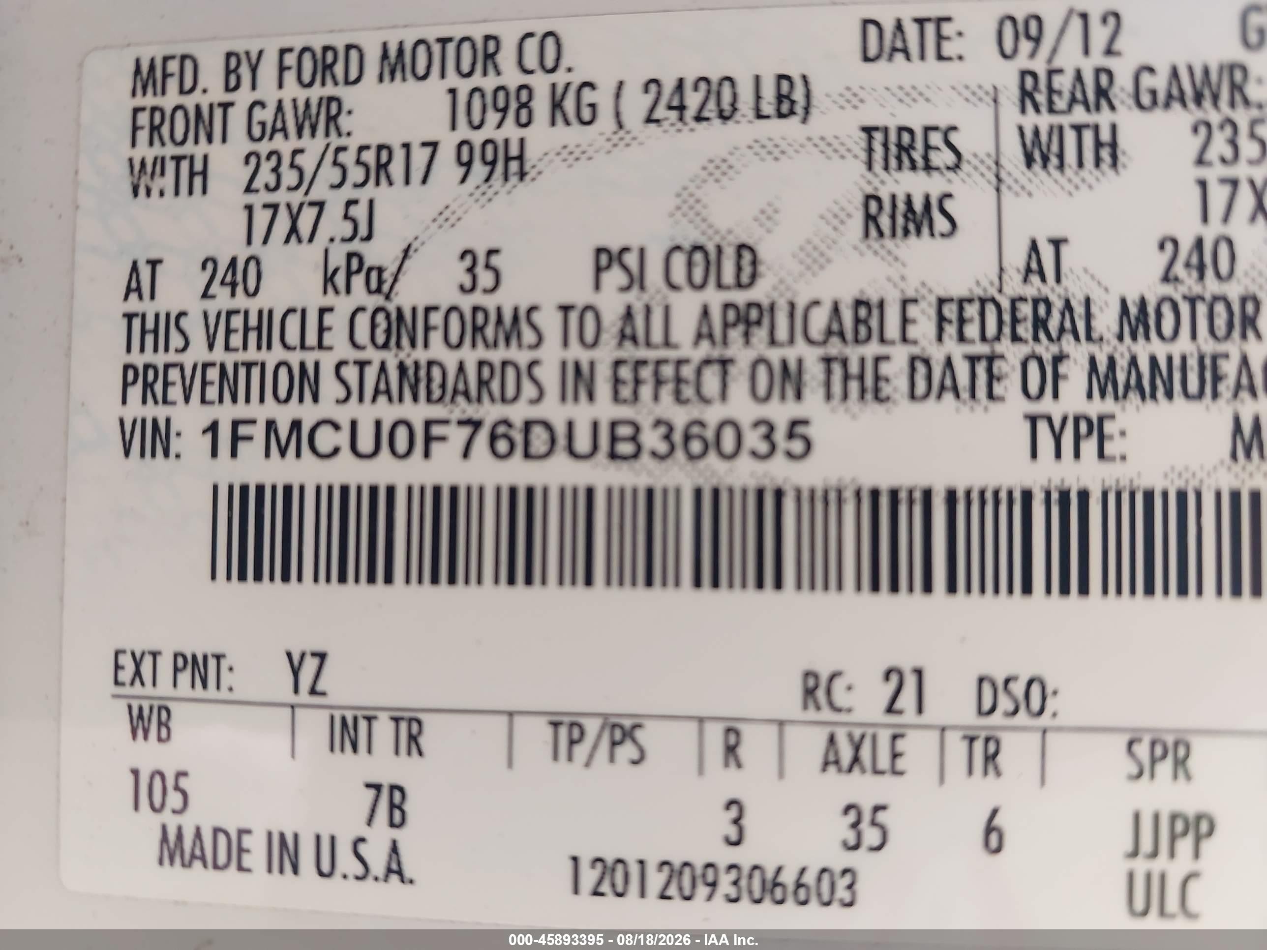 2013 Ford Escape S White vin: 1FMCU0F76DUB36035
