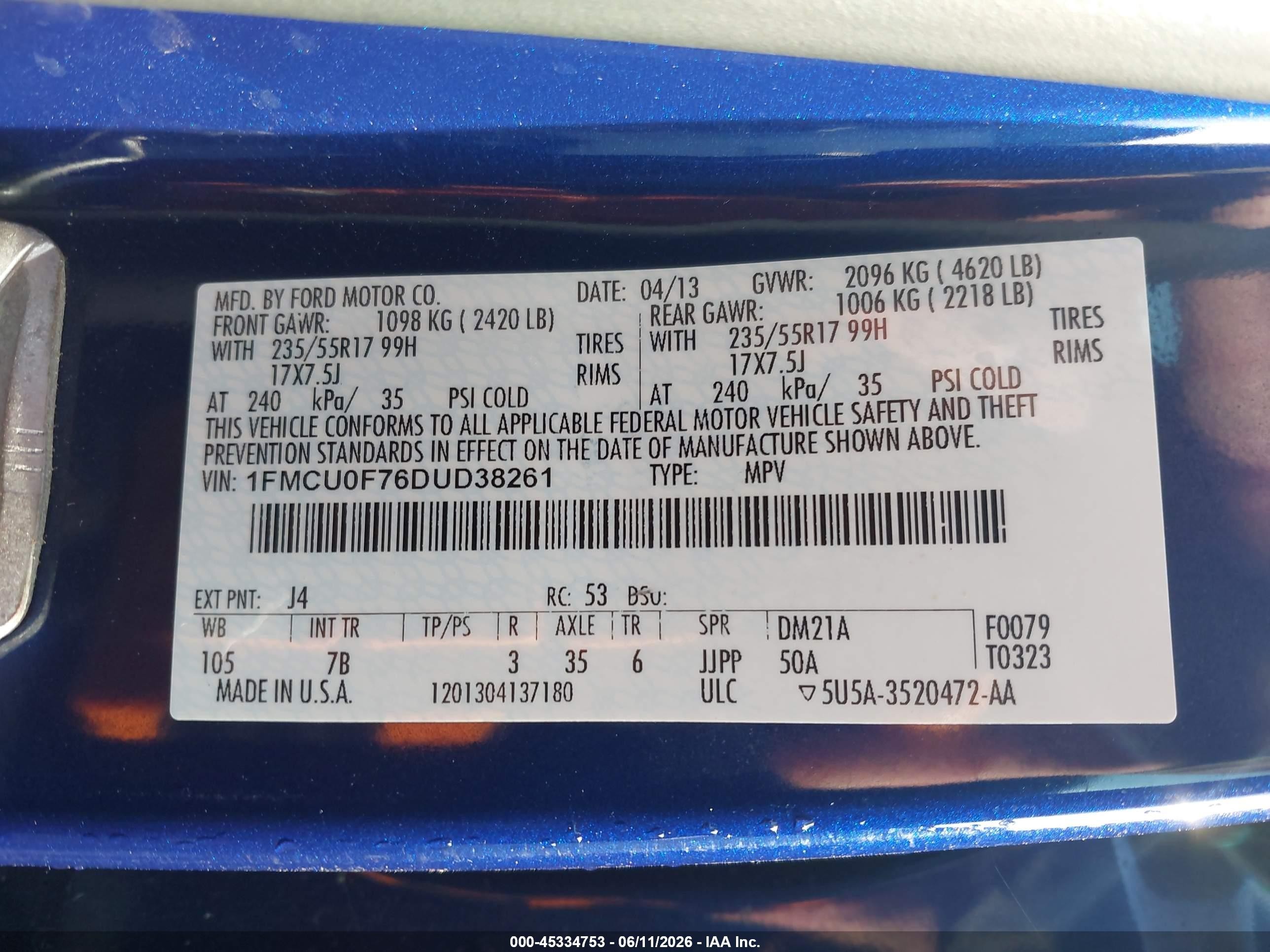 2013 Ford Escape S Blue vin: 1FMCU0F76DUD38261