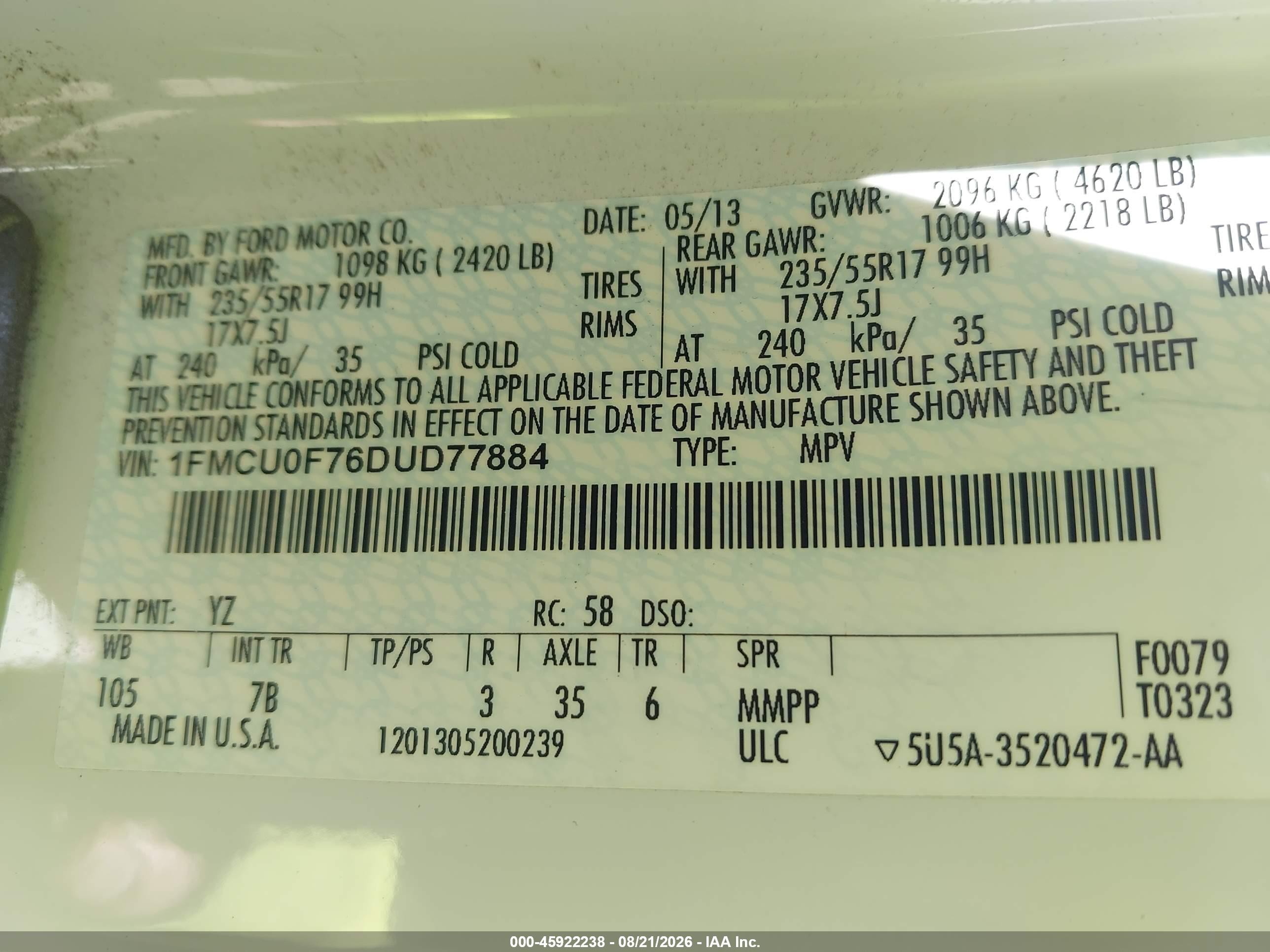 2013 Ford Escape S Белый vin: 1FMCU0F76DUD77884
