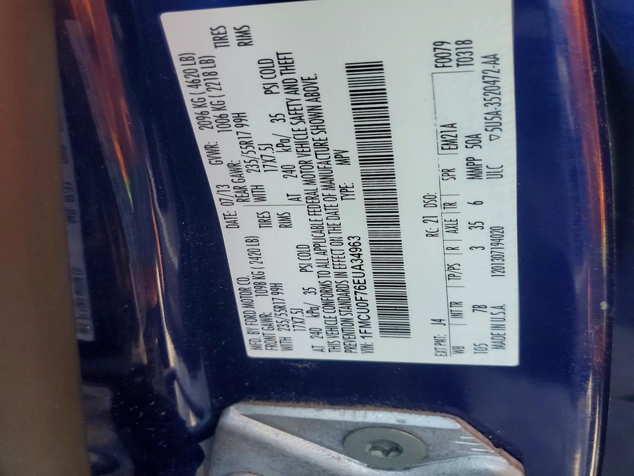 2014 Ford Escape S Синий vin: 1FMCU0F76EUA34963