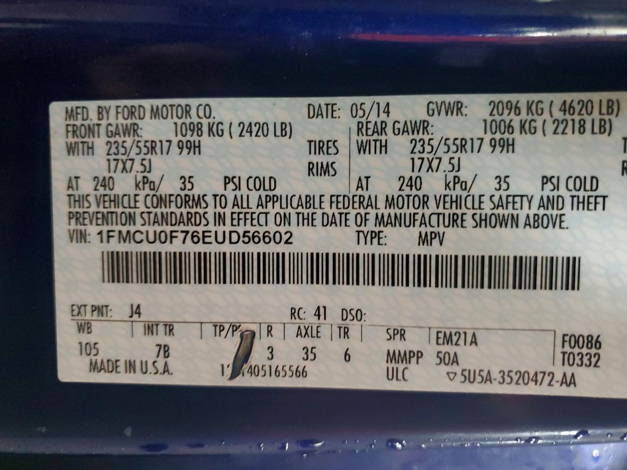 2014 Ford Escape S Синий vin: 1FMCU0F76EUD56602