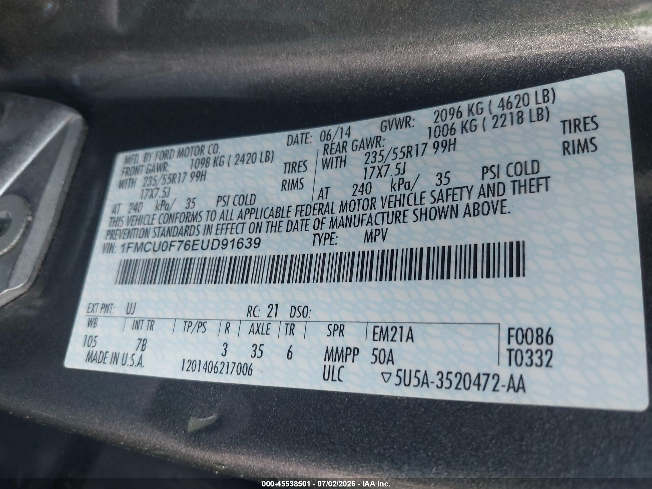 2014 Ford Escape S Серый vin: 1FMCU0F76EUD91639