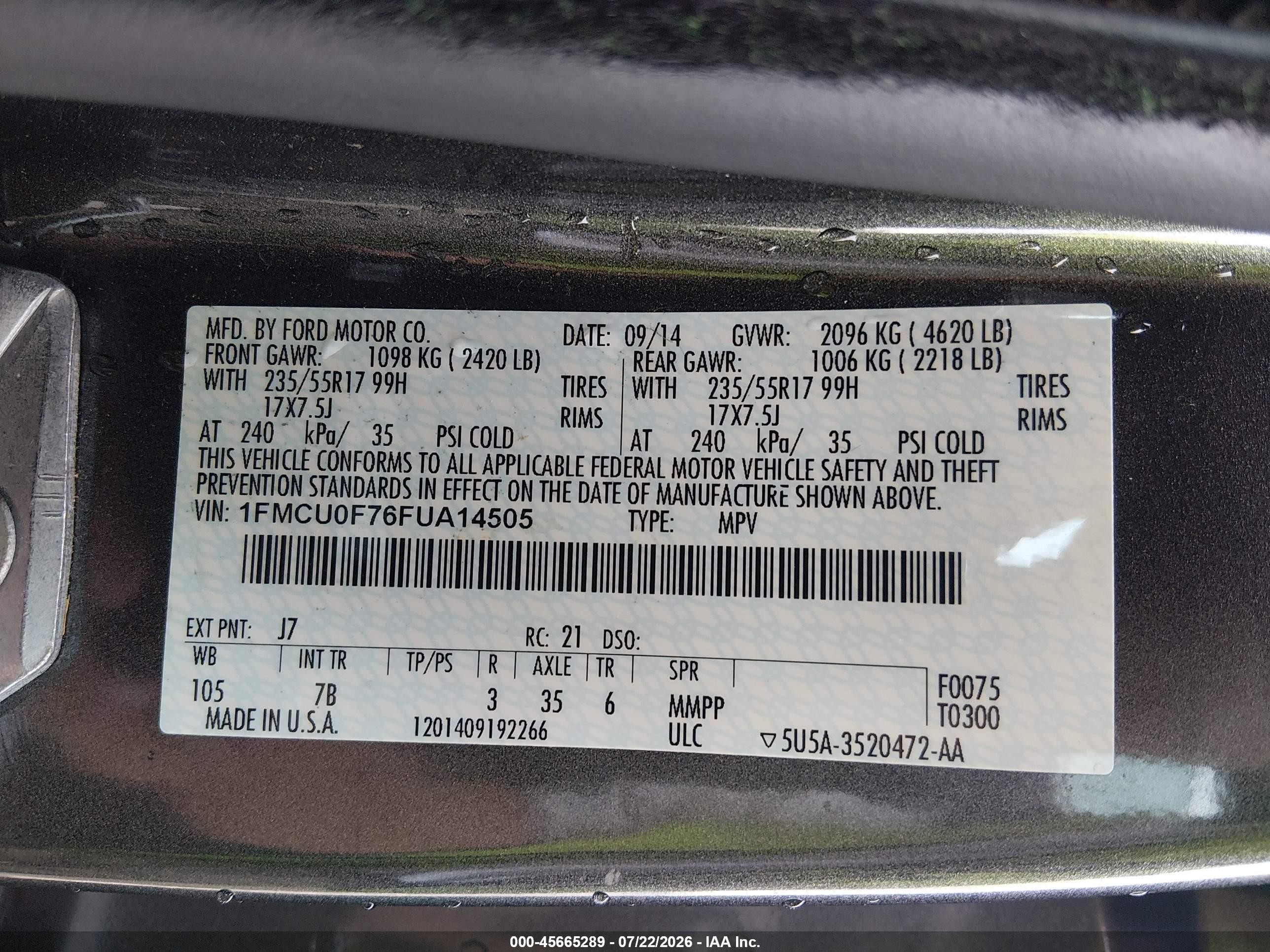 2015 Ford Escape S Серый vin: 1FMCU0F76FUA14505