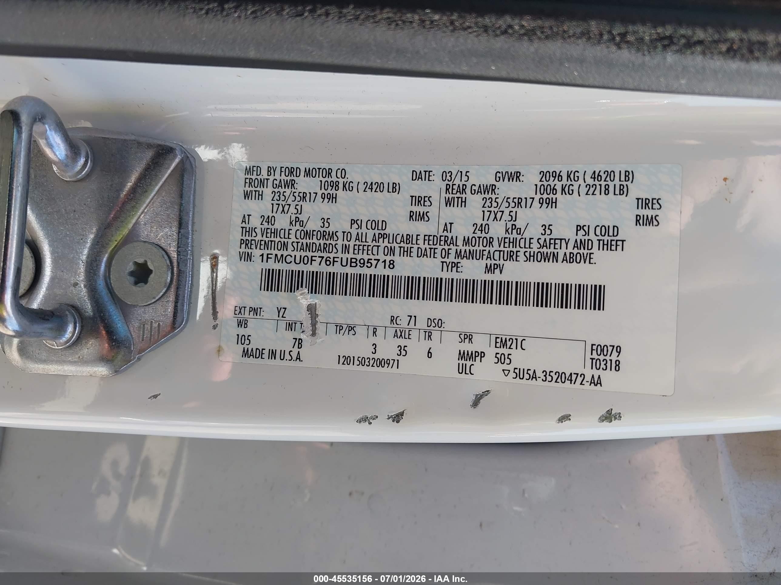 2015 Ford Escape S White vin: 1FMCU0F76FUB95718