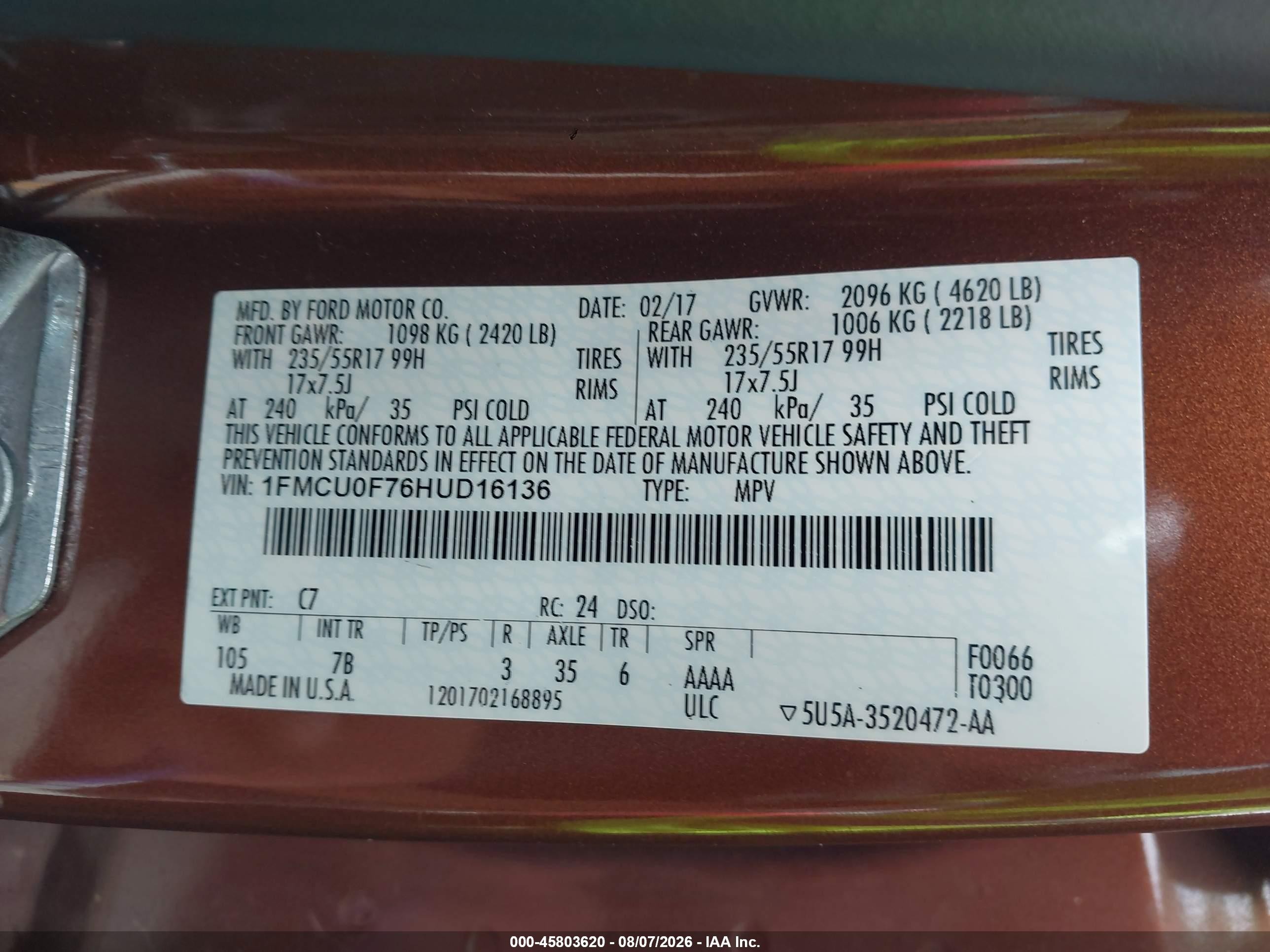 2017 Ford Escape S Orange vin: 1FMCU0F76HUD16136