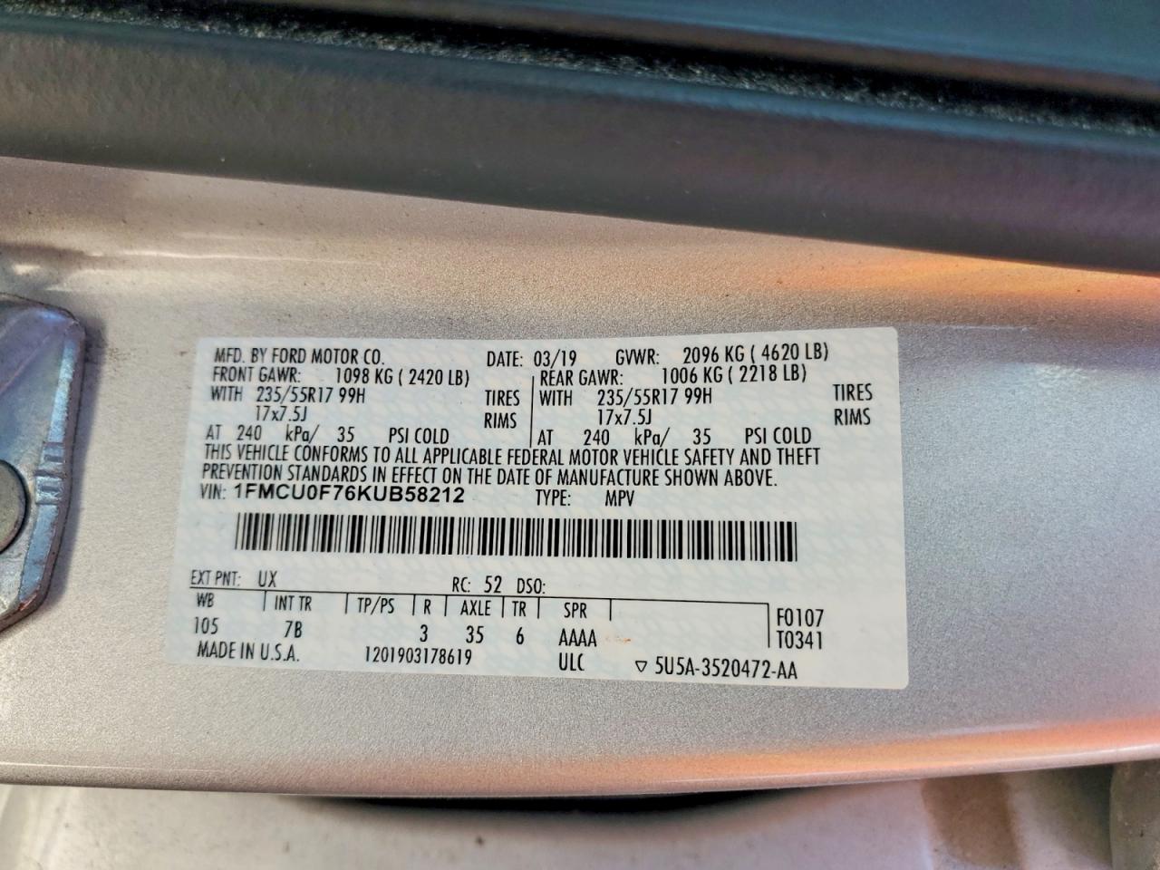2019 Ford Escape S Silver vin: 1FMCU0F76KUB58212