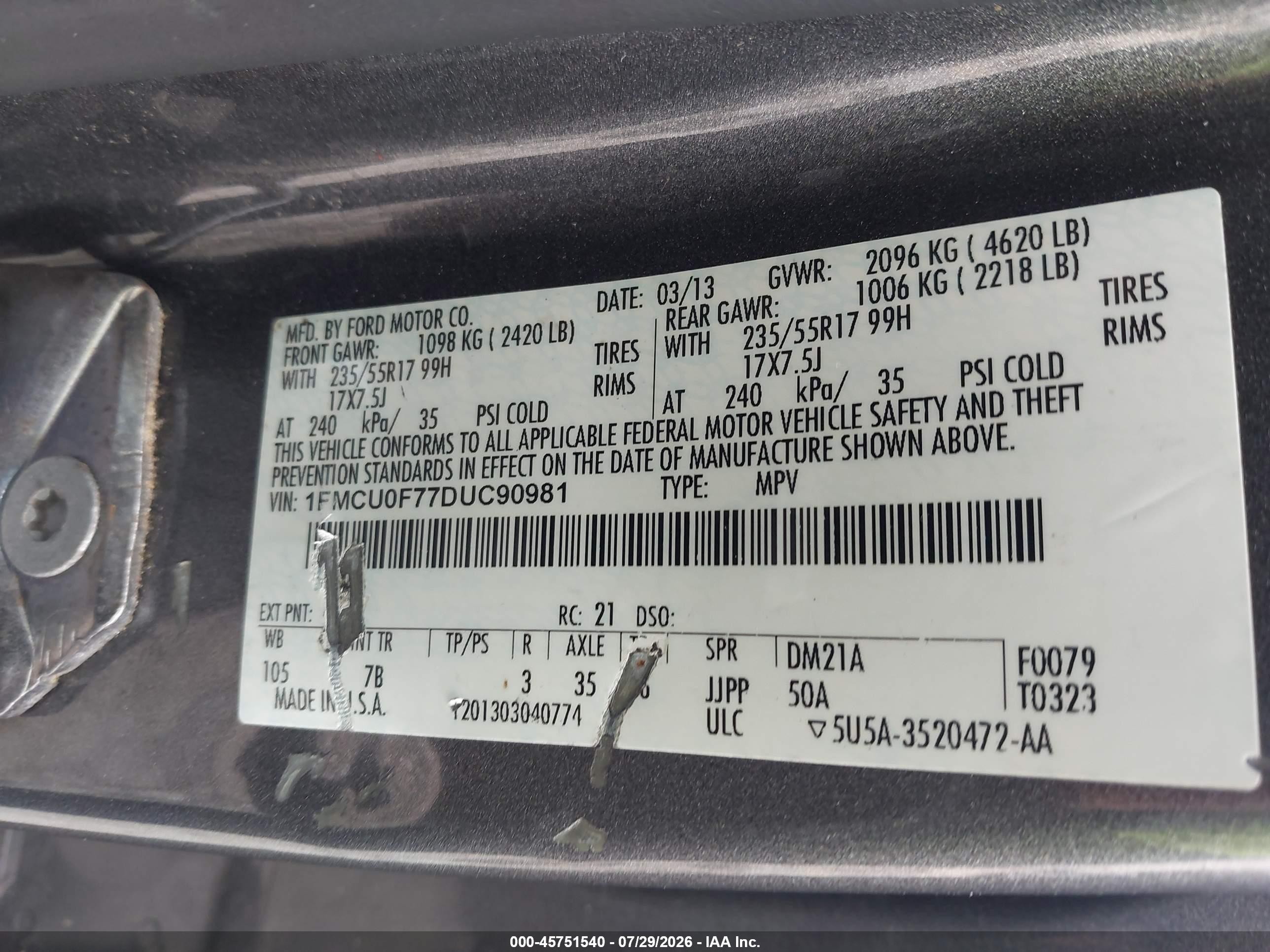 2013 Ford Escape S Gray vin: 1FMCU0F77DUC90981
