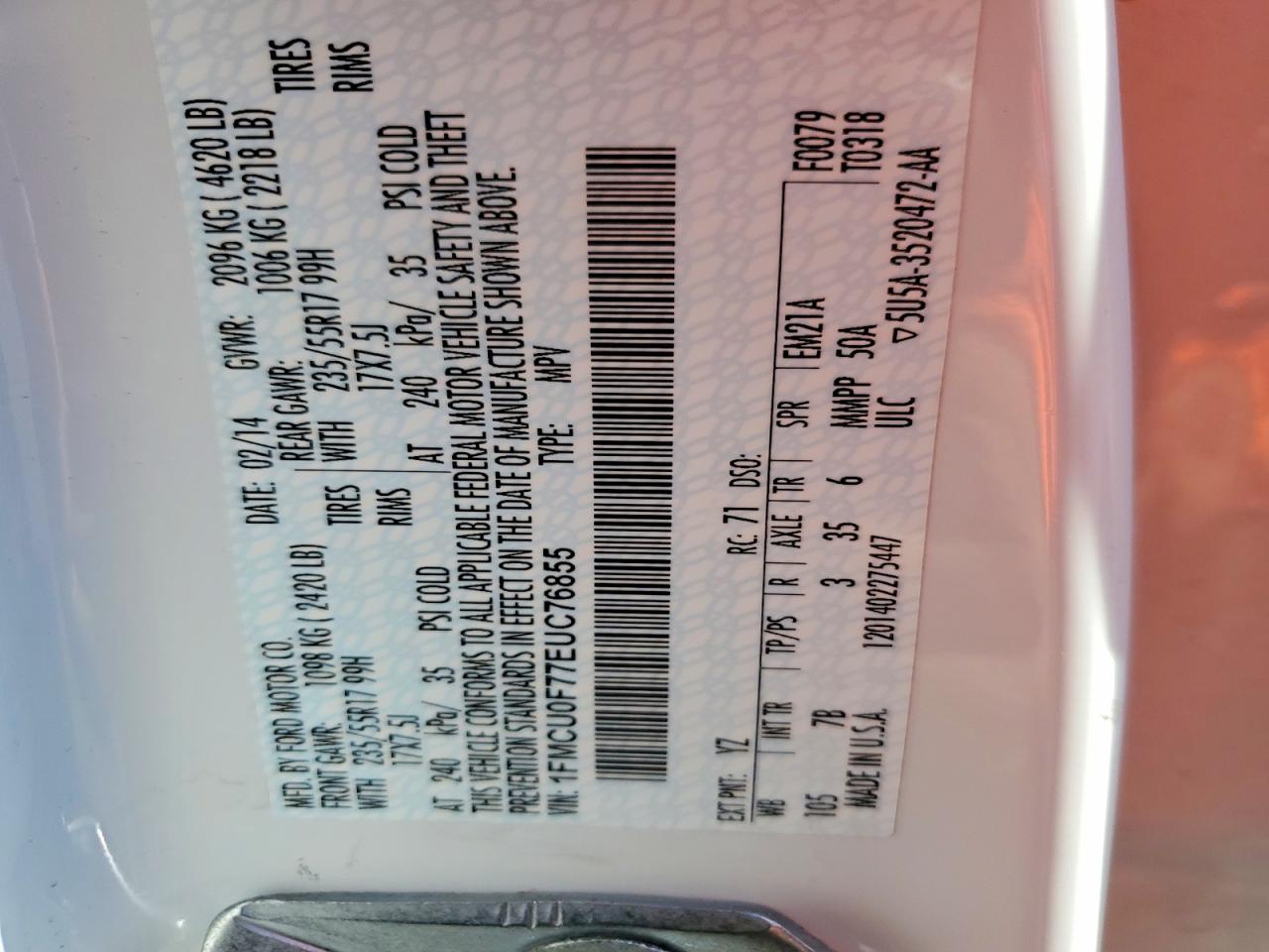 2014 Ford Escape S White vin: 1FMCU0F77EUC76855