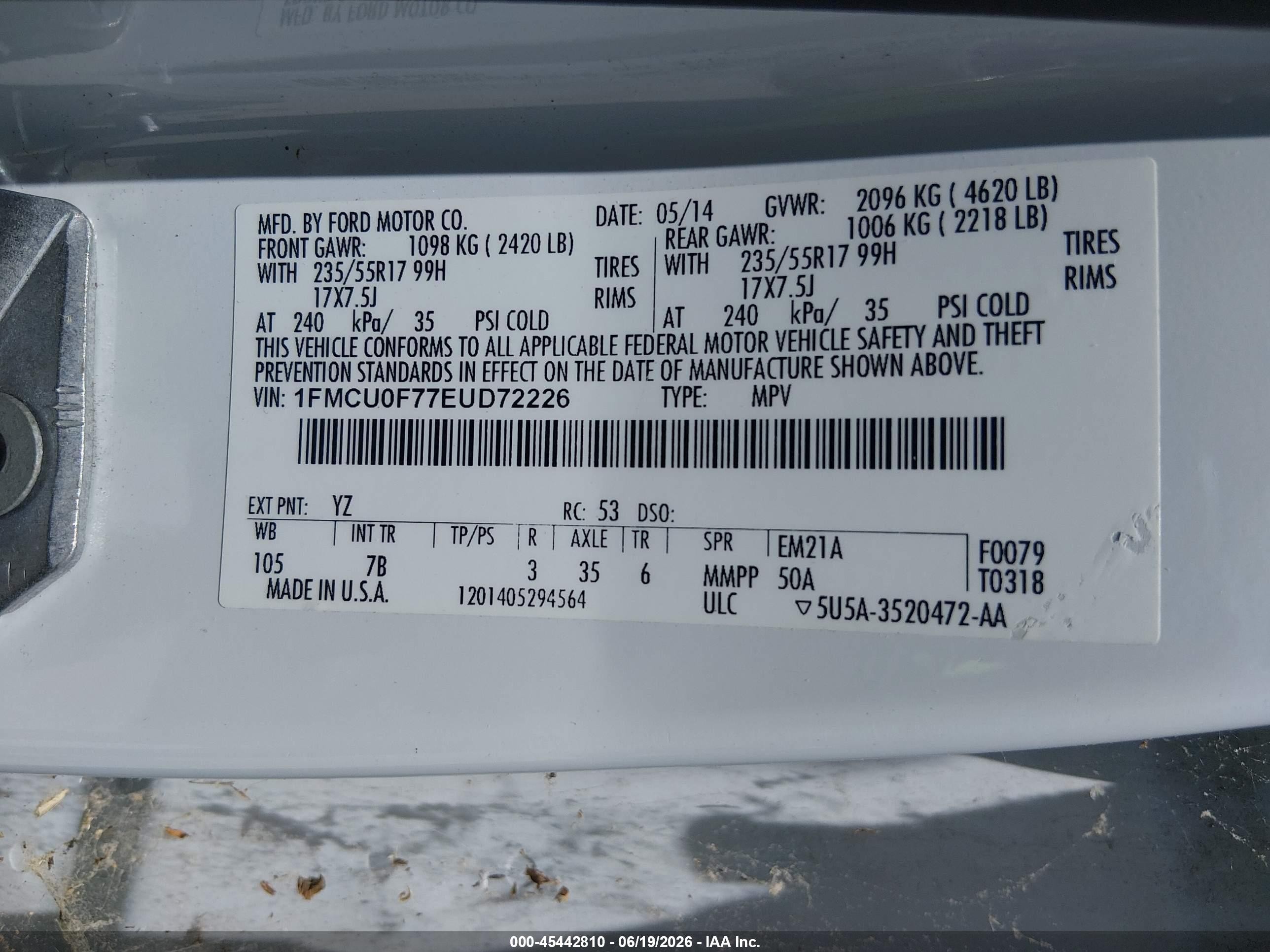 2014 Ford Escape S White vin: 1FMCU0F77EUD72226