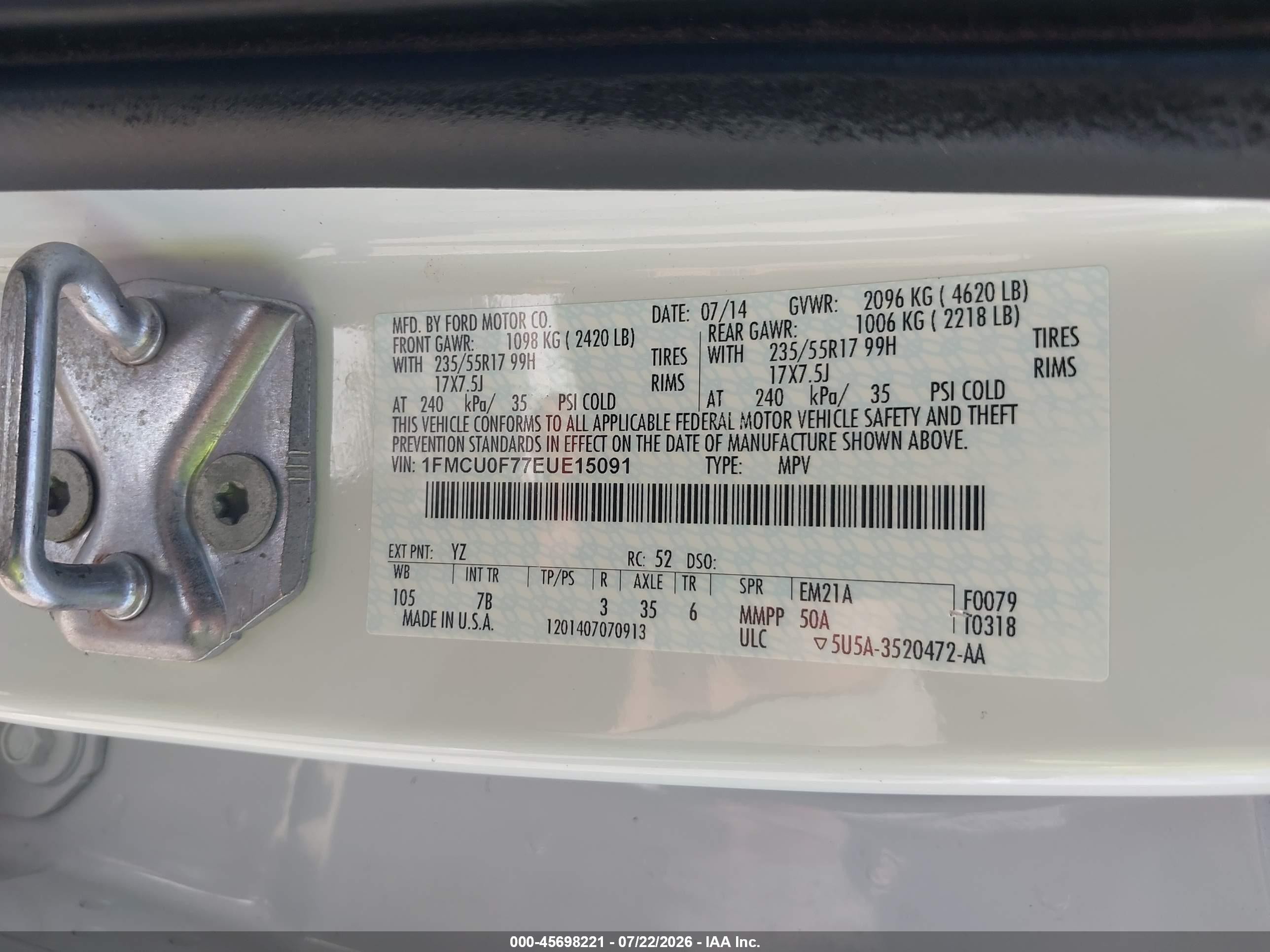 2014 Ford Escape S White vin: 1FMCU0F77EUE15091