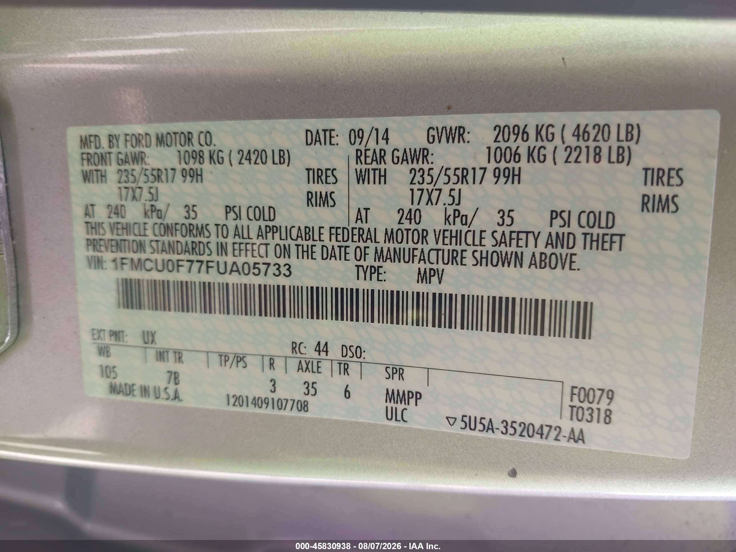 2015 Ford Escape S Silver vin: 1FMCU0F77FUA05733